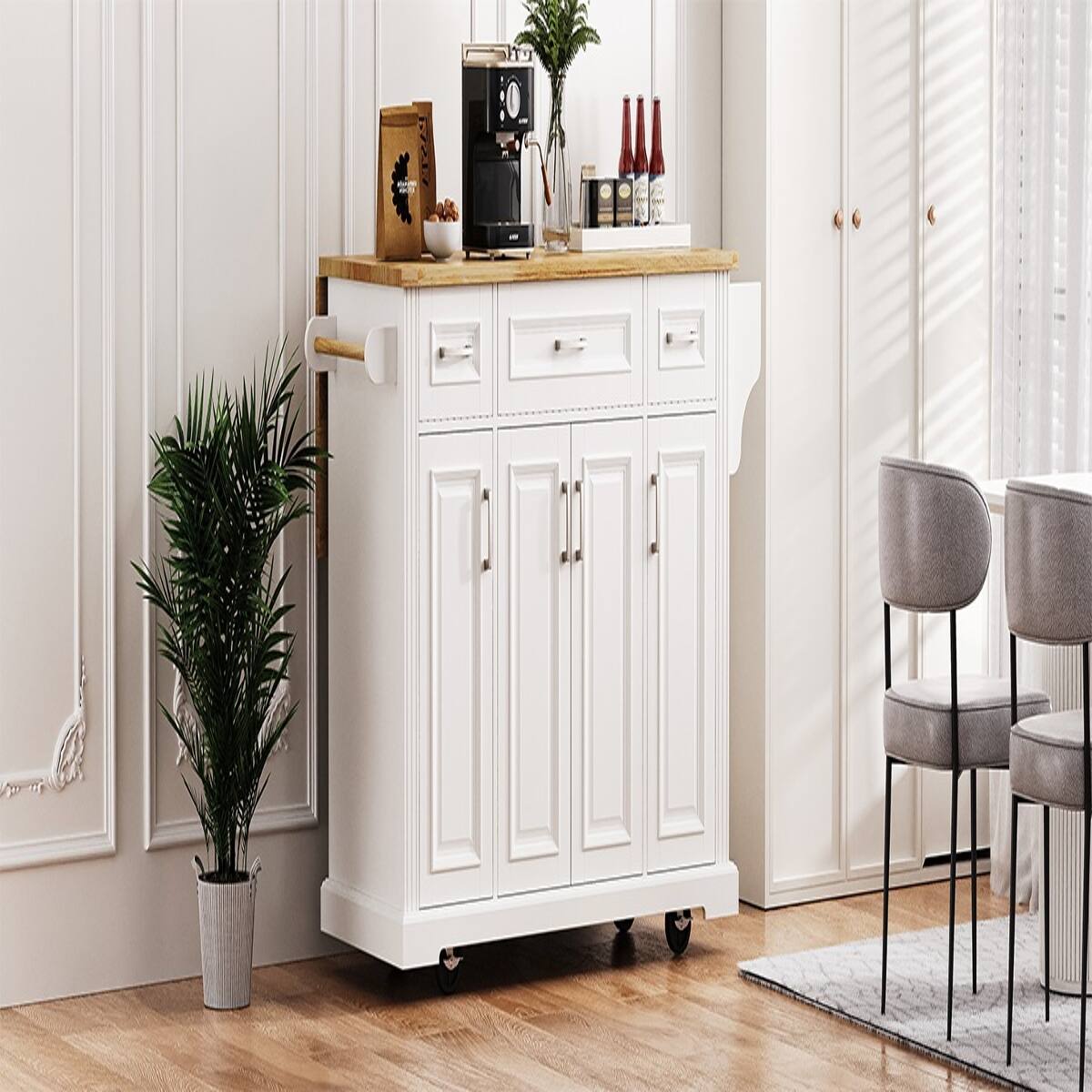 Back. Loheer - Loheer 54 inch kitchen island on wheels White Rubber Wood Top - White.