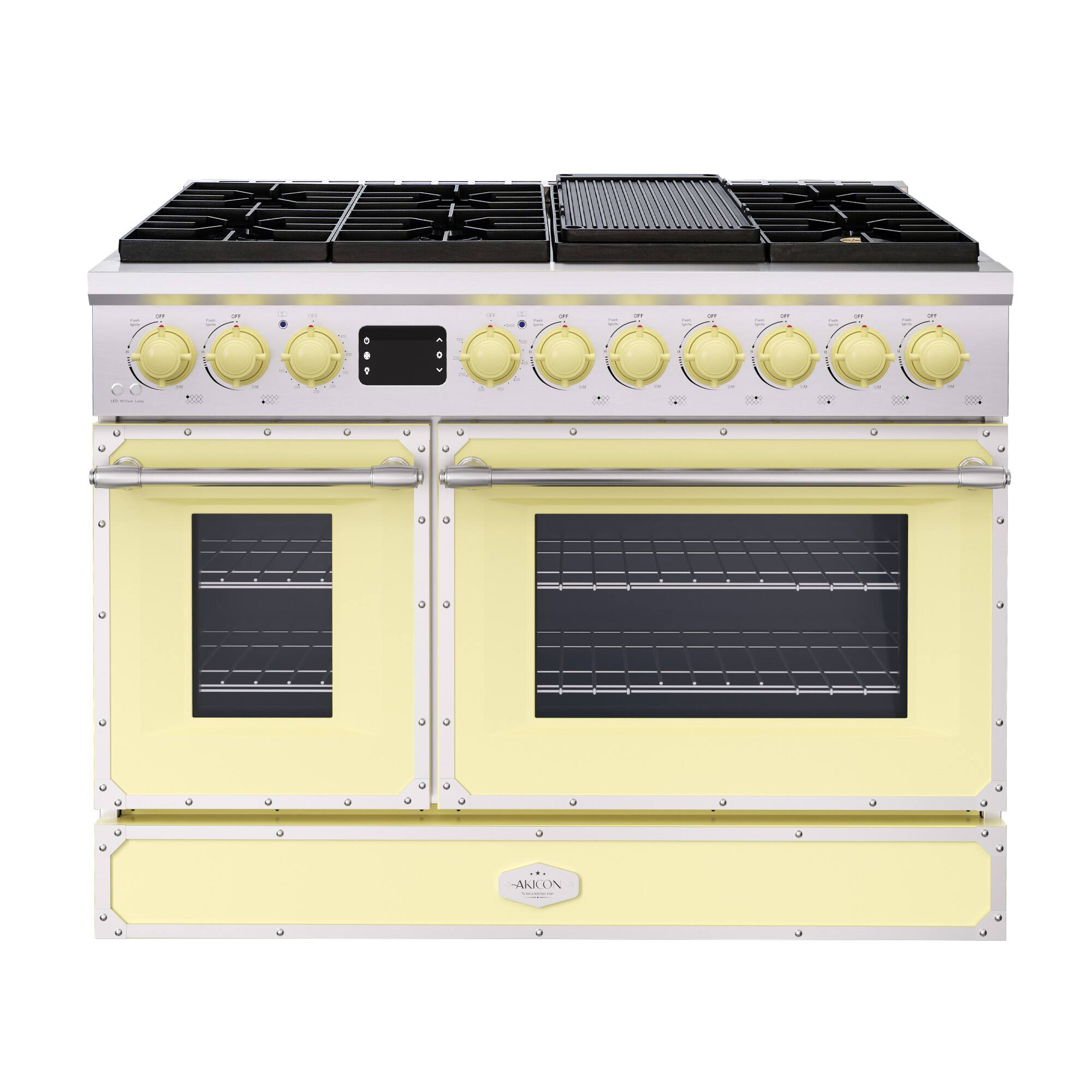 Angle. Akicon - Akicon 6.7 Cu.ft Freestanding Gas Rapid Convection Range with 8 Sealed Burners and Cast Iron Grates in Cream Yellow - Cream Yellow.