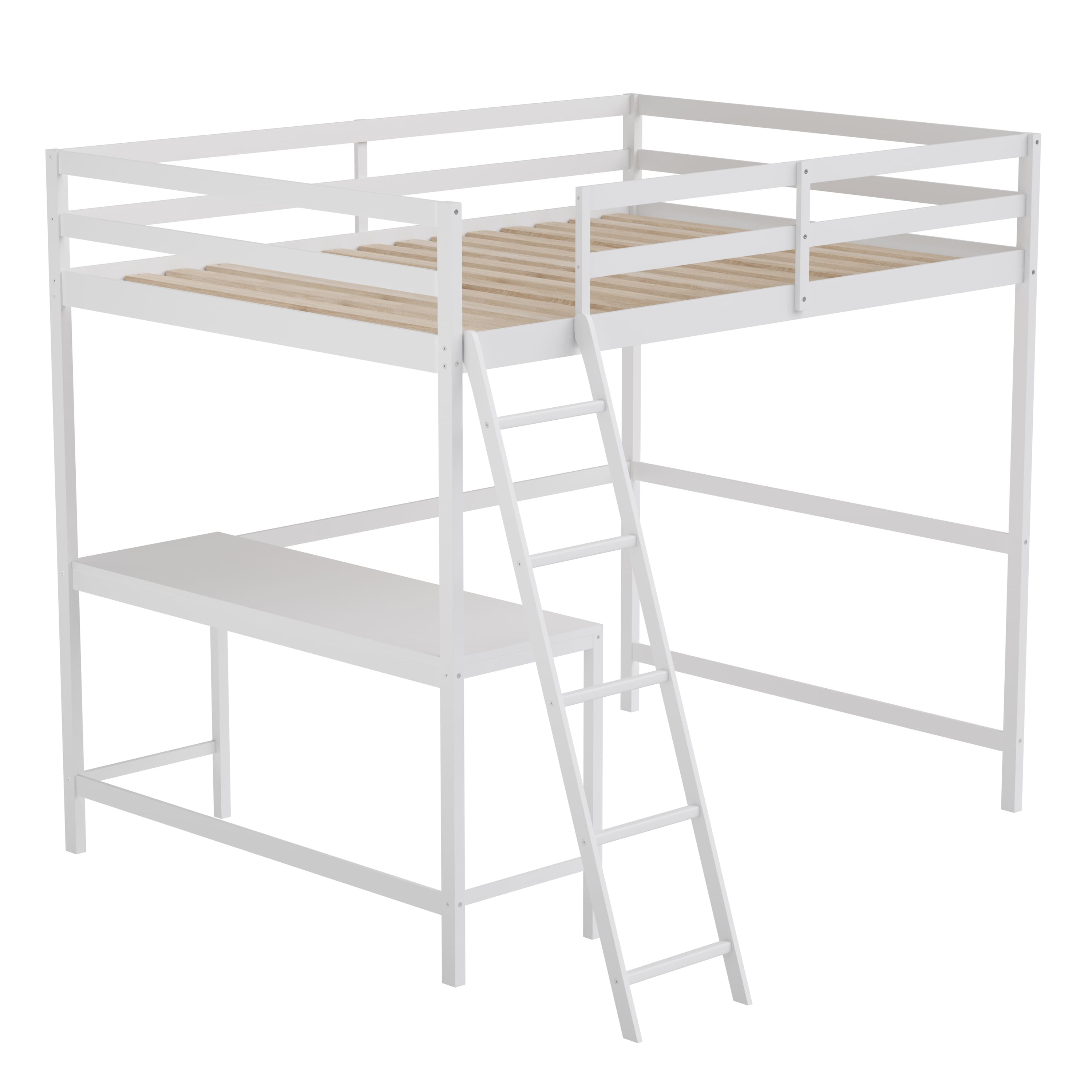 Flash Furniture - Riley Loft Bed Frame with Desk, Full Size Wooden Bed Frame with Protective Guard Rails & Ladder for Kids and Teens - Whi - White