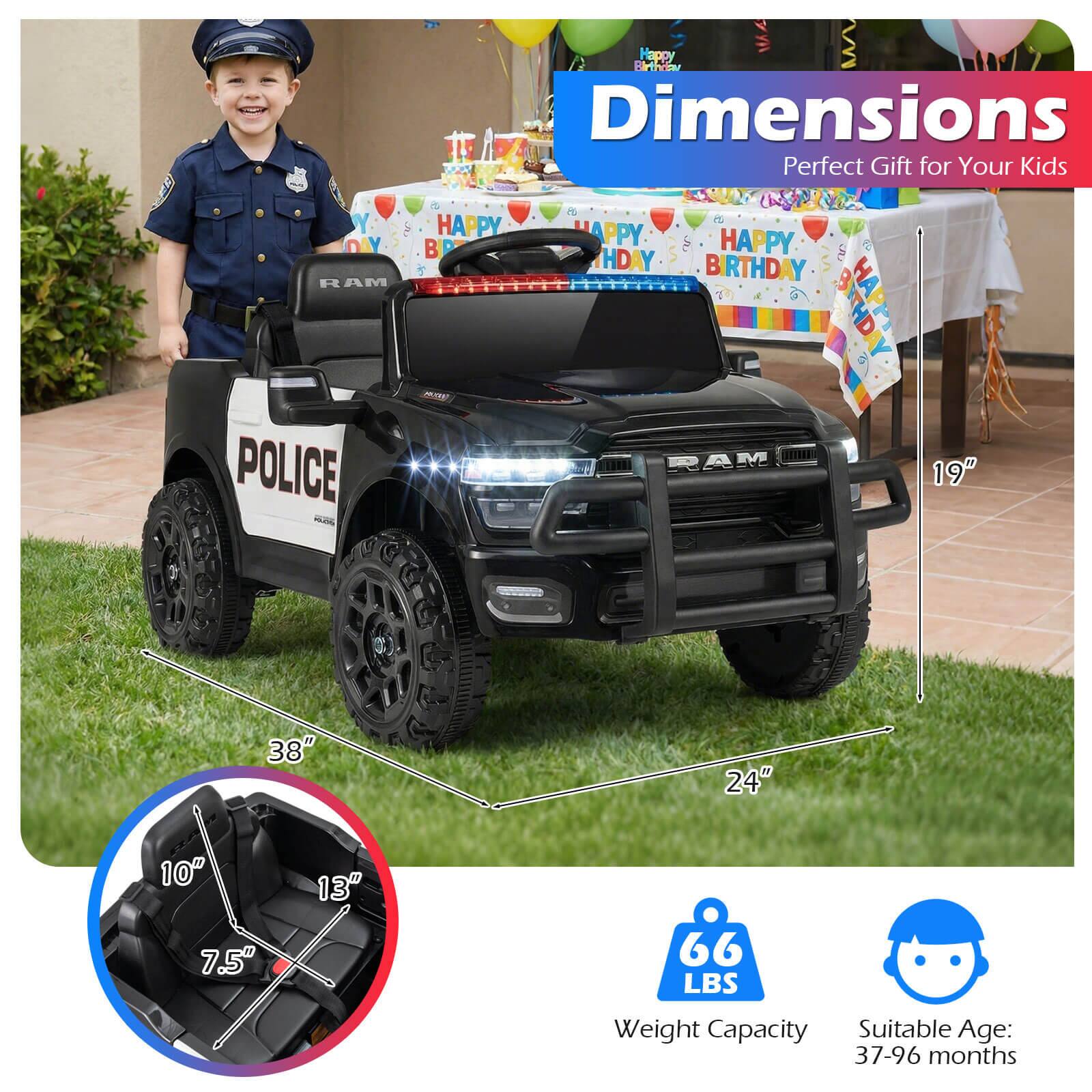 Dimensions  
Perfect Gift for Your Kids  

19"  
38"  
24"  
10"  
7.5"  
13"  
66 LBS Weight Capacity  
Suitable Age: 37-96 months