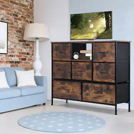 Oumilen - Rustic 7-Drawer Dresser with Open Shelf, Industrial Storage Chest - Brown