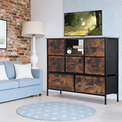 Front. Oumilen - Rustic Brown 7-Drawer Dresser with Open Shelf, Industrial Storage Chest - Brown.