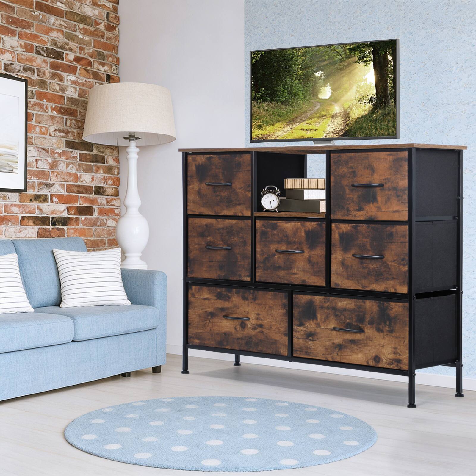 Front. Oumilen - Rustic Brown 7-Drawer Dresser with Open Shelf, Industrial Storage Chest - Brown.