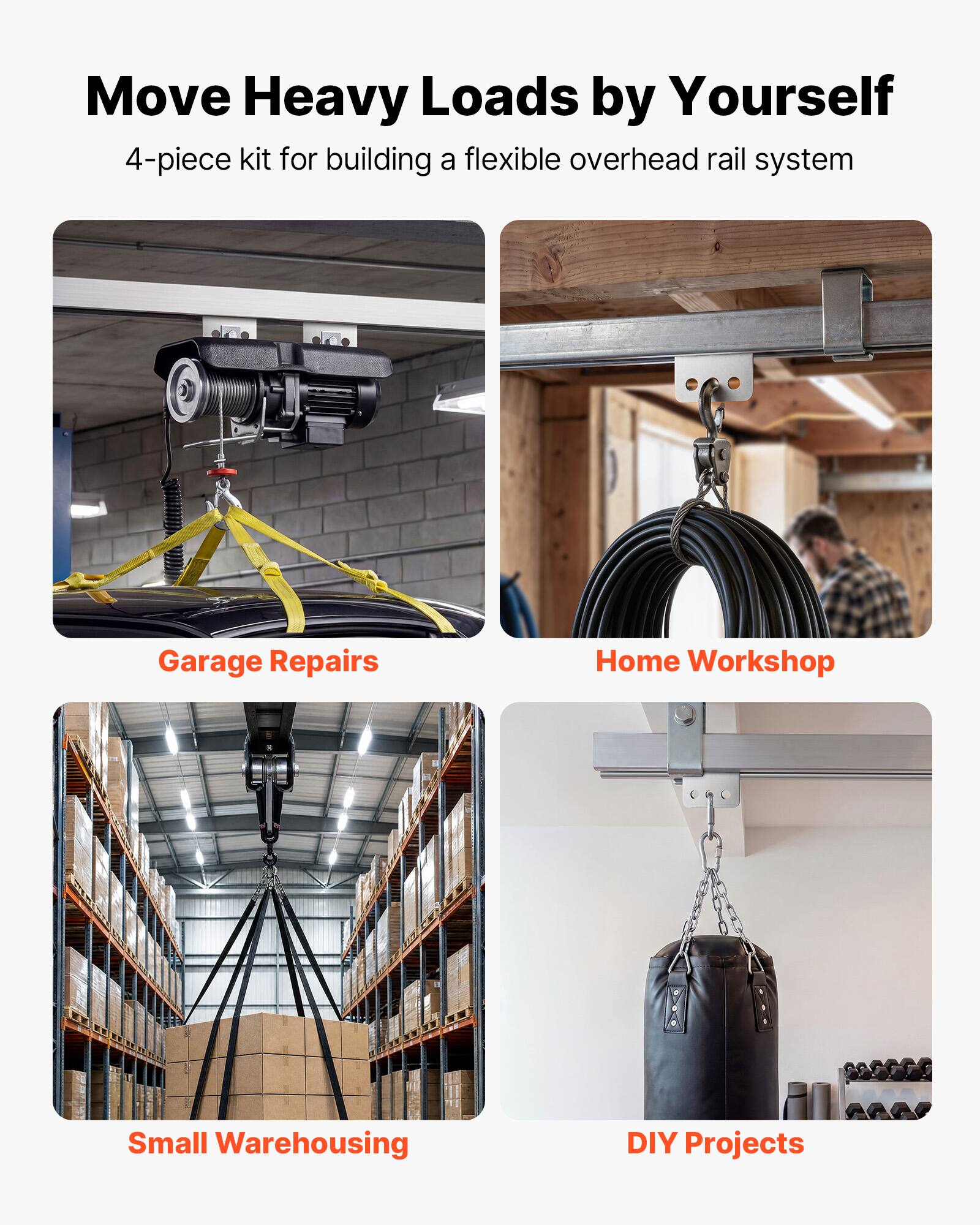 Move Heavy Loads by Yourself  
4-piece kit for building a flexible overhead rail system  

Garage Repairs  
Home Workshop  
Small Warehousing  
DIY Projects