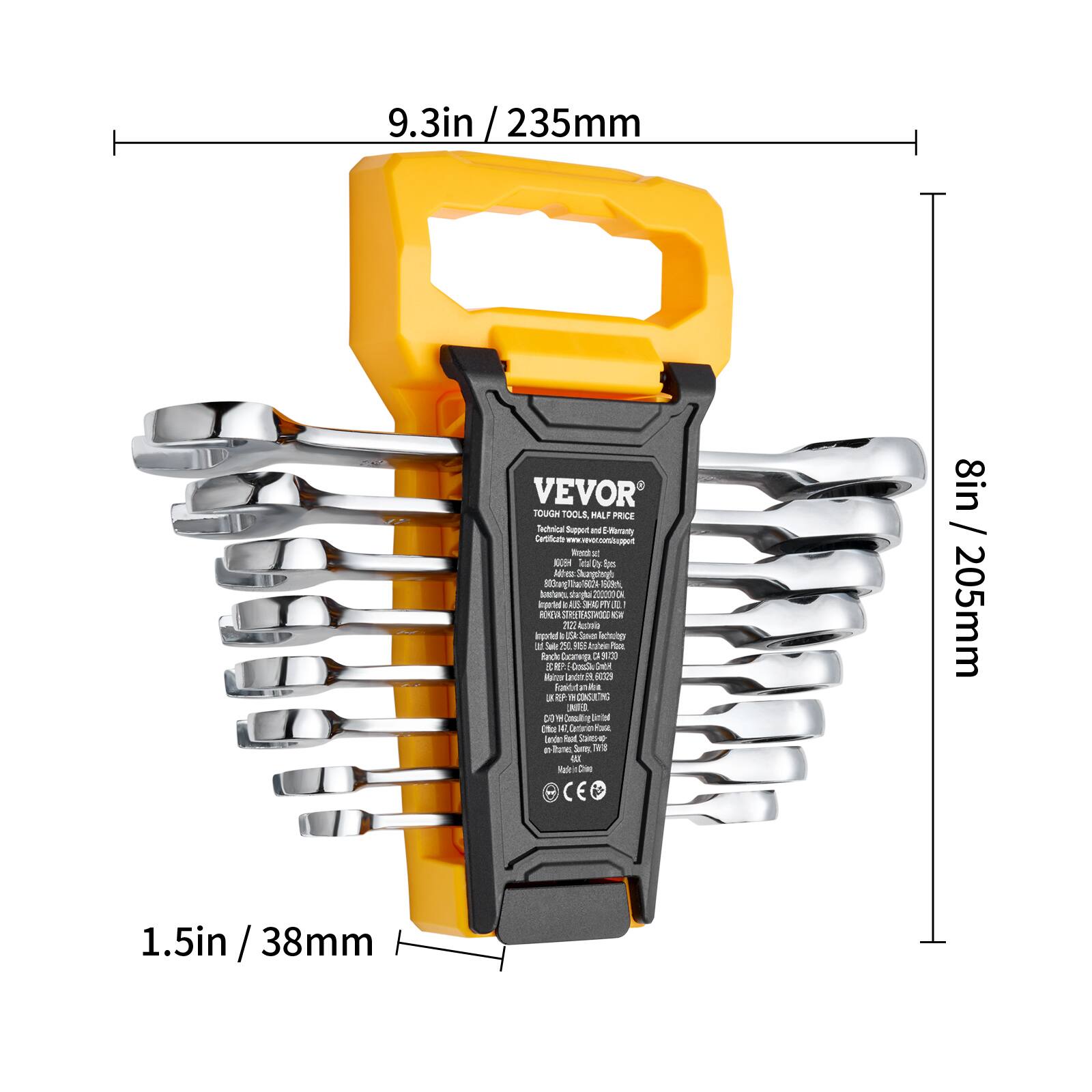 9.3in / 235mm  
8in / 205mm  
1.5in / 38mm  

VEVOR  
TOUGH TOOLS, HALF PRICE  
Support the Environment  
Made in China  

CE