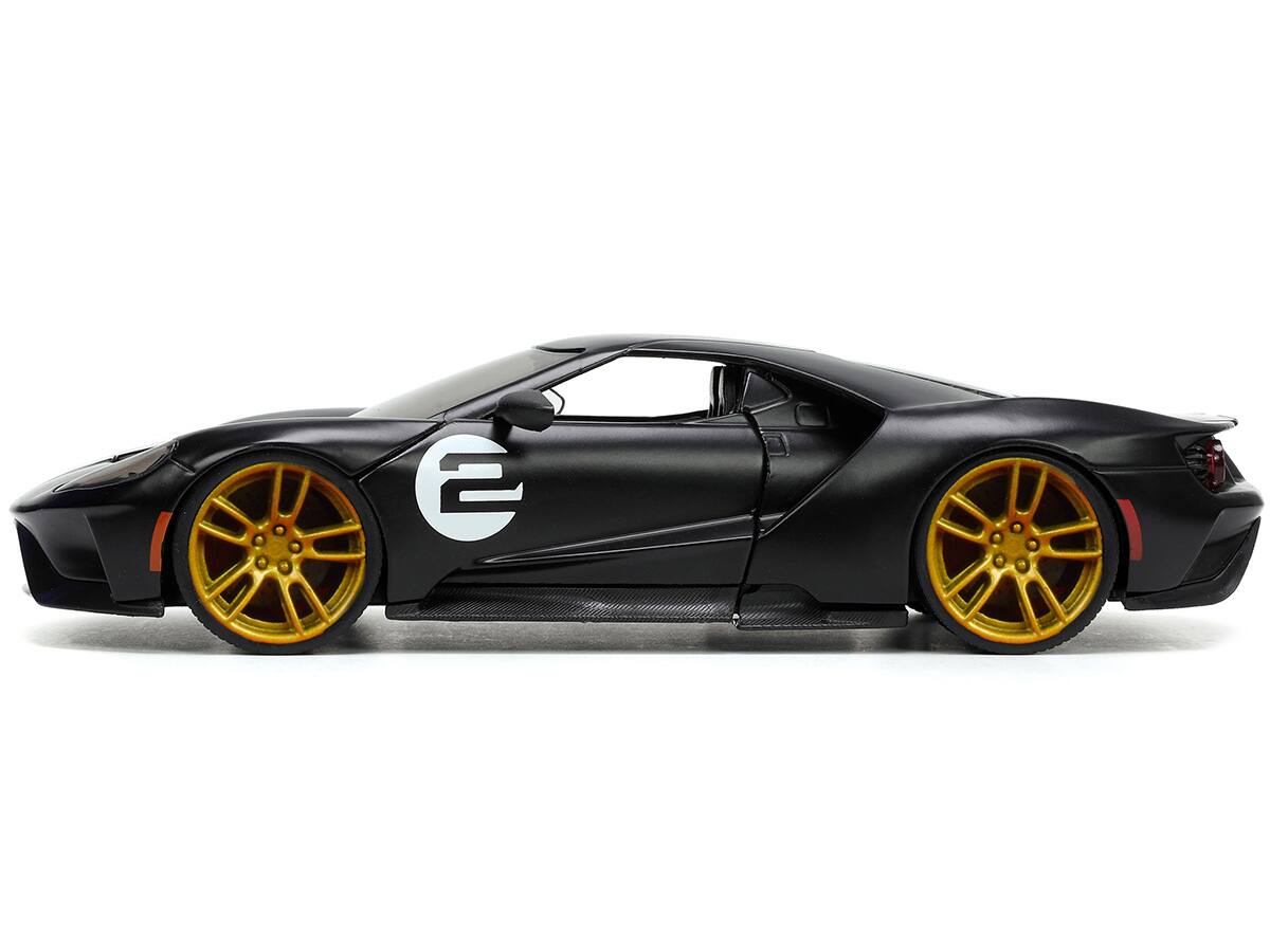 Left. Jada - 2017 Ford GT #2 Matt Black with Silver Stripes and Gold Wheels "Bigtime Muscle" Series 1/24 Diecast Model Car by Jada - Matt Black, Silver.