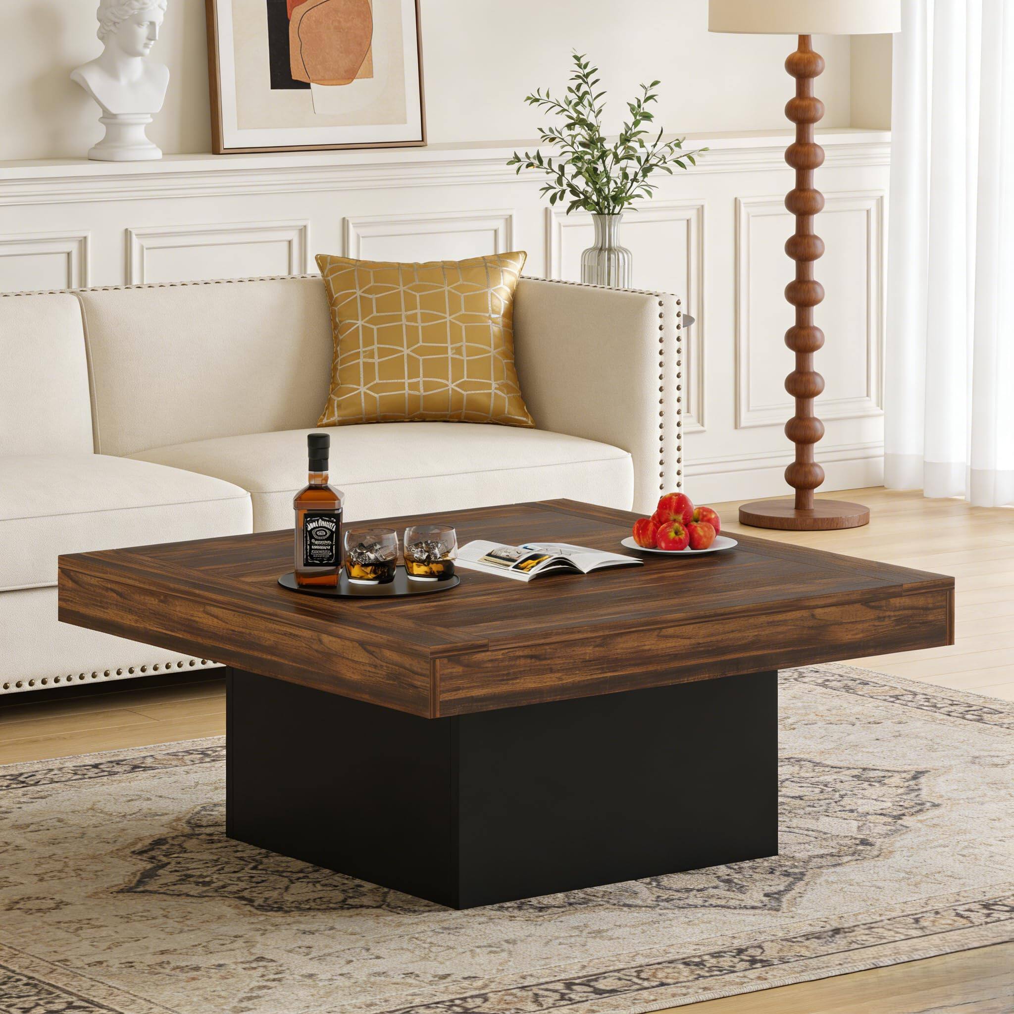 Left. Tribesigns - LED Coffee Table for Living Room, Modern Square Farmhouse Coffee Table with APP Control, 35.4" Walnut Wood Center Table, - Walnut.