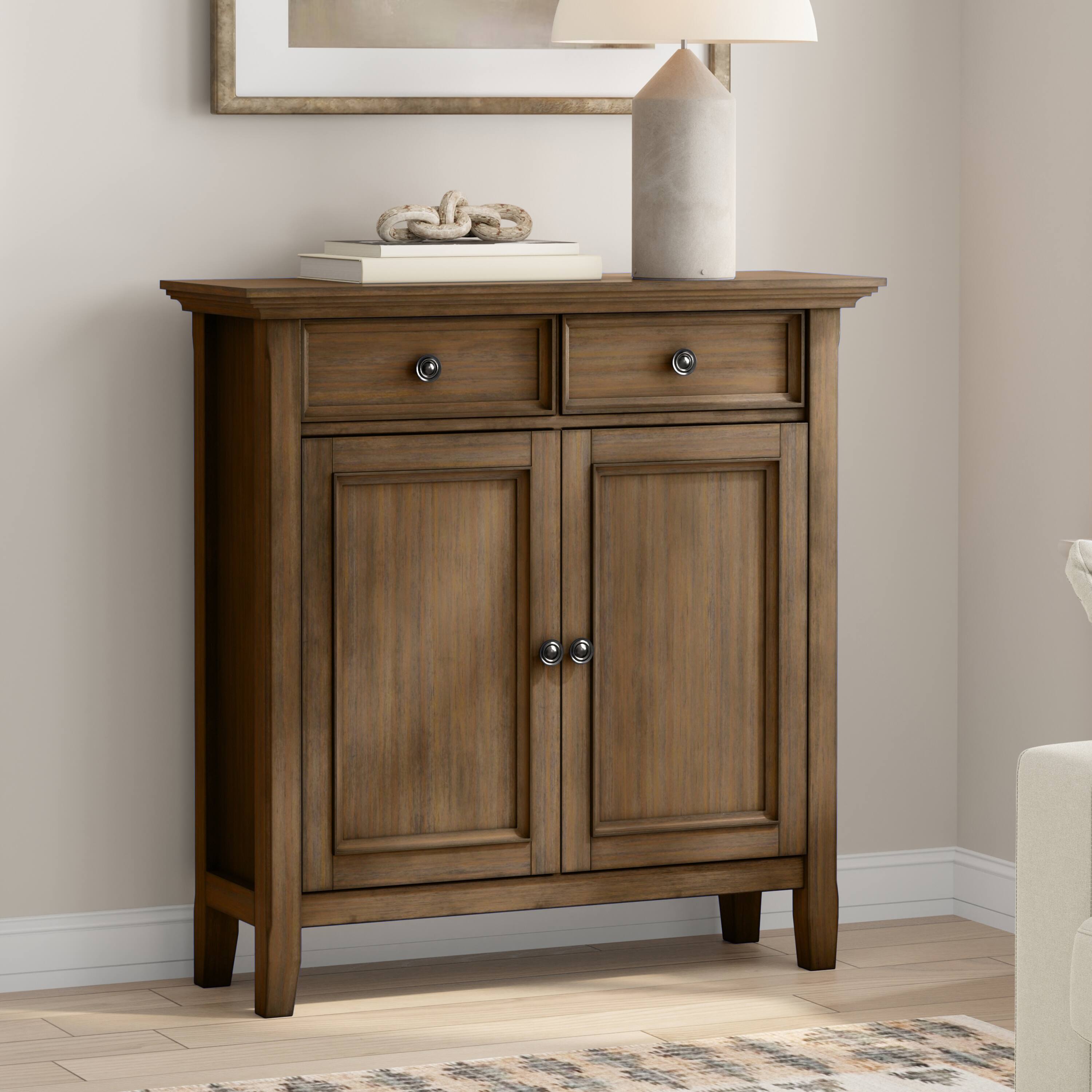 Angle. Simpli Home - Amherst 36 inch Wide Solid Wood Transitional Entryway Storage Cabinet in Rustic Natural Aged Brown - Rusted Natural Aged Brown.