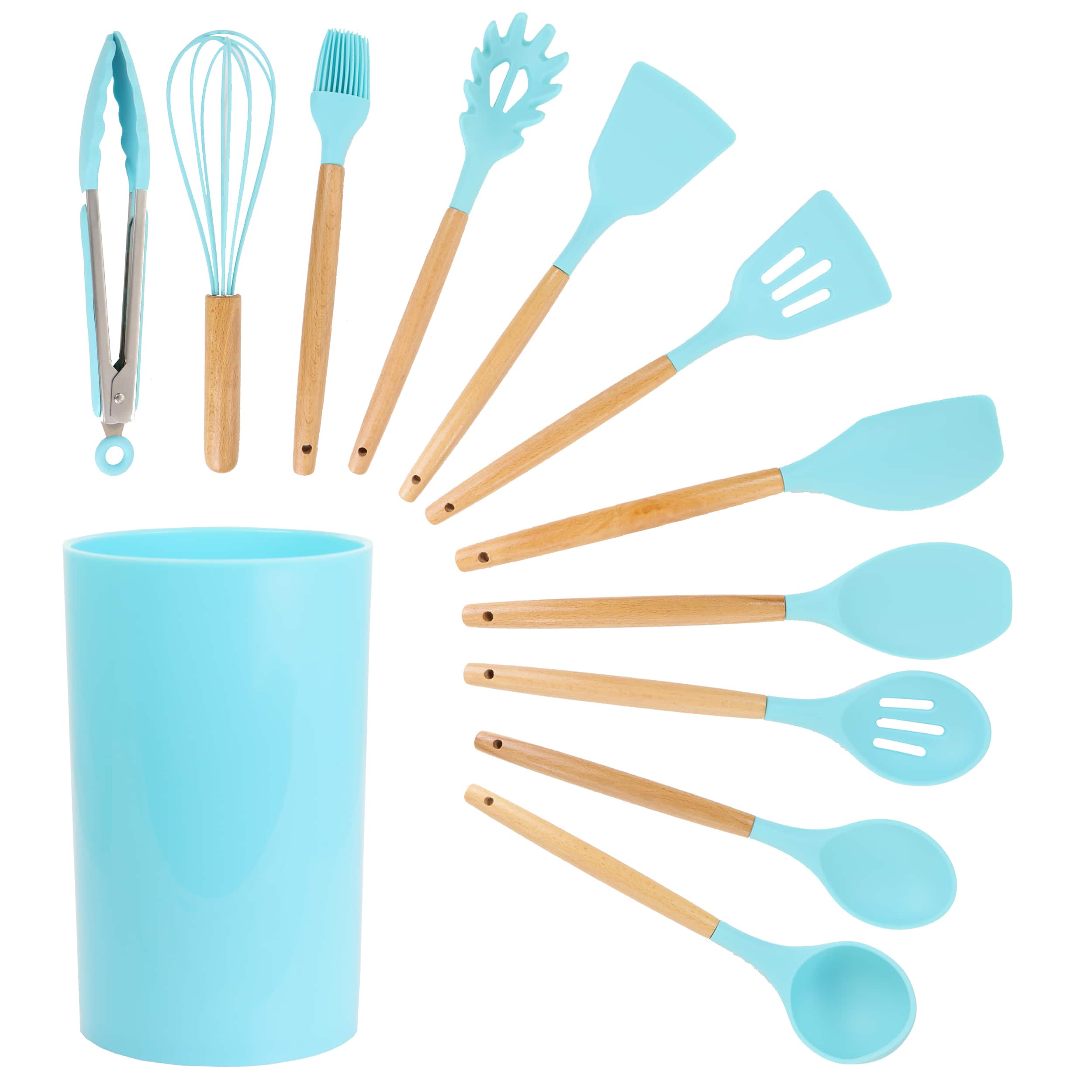 Front. MegaChef - MegaChef Light Teal Silicone and Wood Cooking Utensils, Set of 12 - Light Teal.