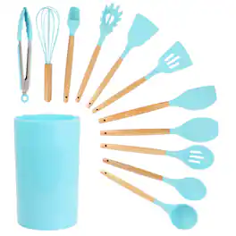 MegaChef - Silicone and Wood Cooking Utensils, Set of 12 - Light Teal