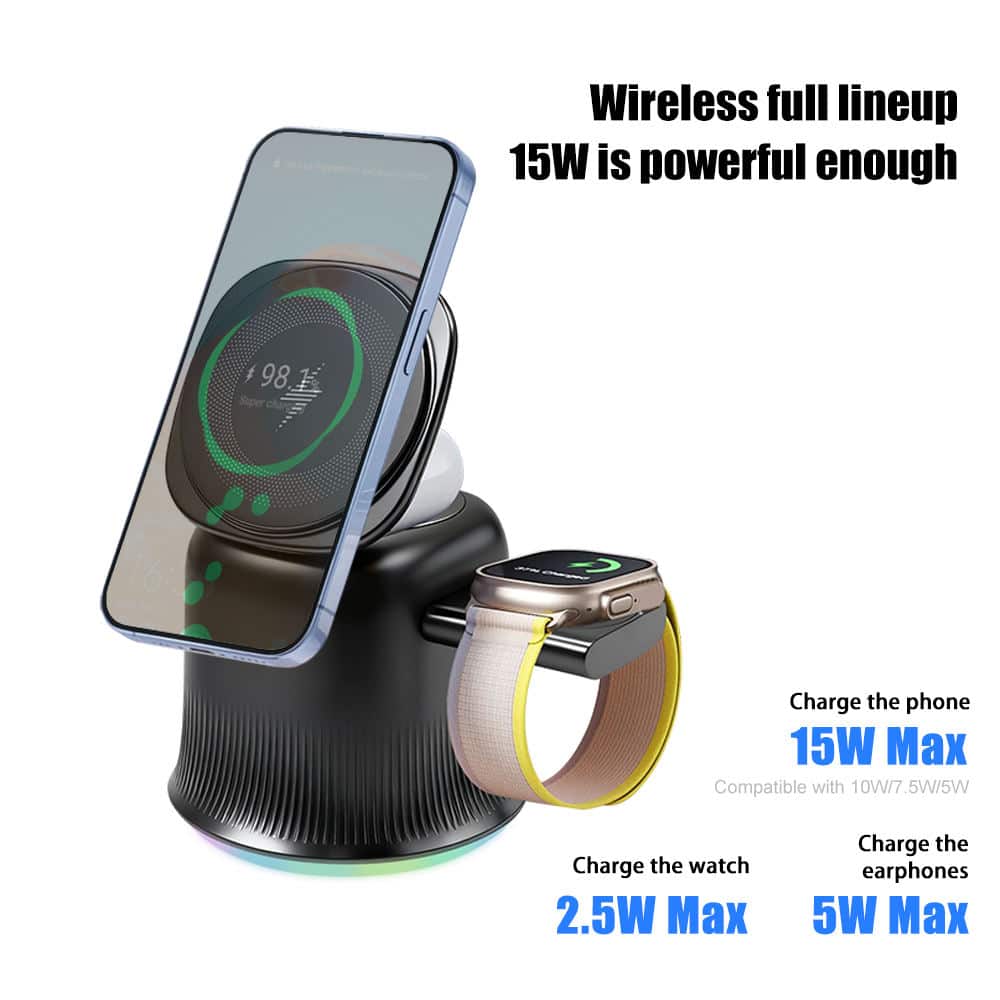 Cluzine - Portable Desk Magnetic 3-in-1 Wireless Charger Stand, 15W Fast Charging with RGB Light for Phone Watch Earbuds