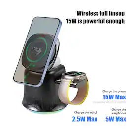 Cluzine - Portable Desk Magnetic 3-in-1 Wireless Charger Stand, 15W Fast Charging with RGB Light for Phone Watch Earbuds