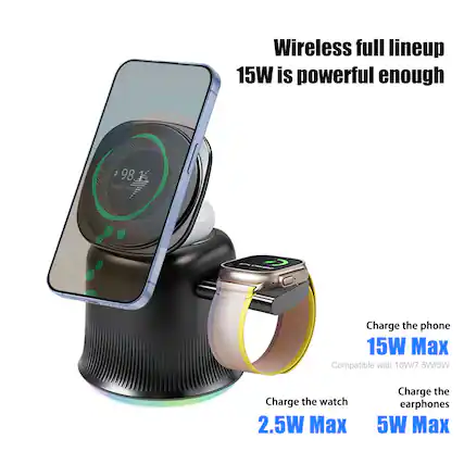 Wireless full lineup 15W is powerful enough
- Charge the phone 15W Max
Compatible with 10W/7.5W/5W
- Charge the watch 2.5W Max
- Charge the earphones 5W Max