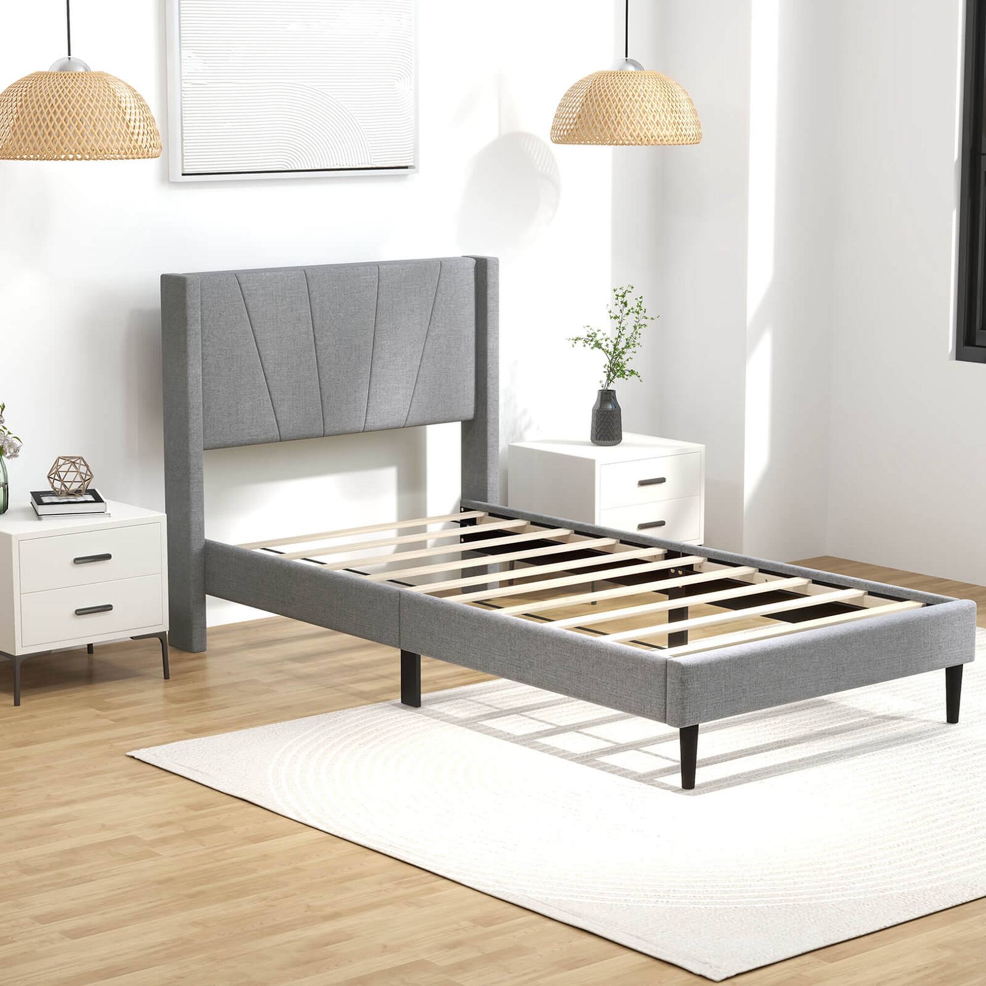 Alt View 6. Costway - Twin Bed Frame Modern Platform Bed with Linen Upholstered Wingback Headboard - Grey.