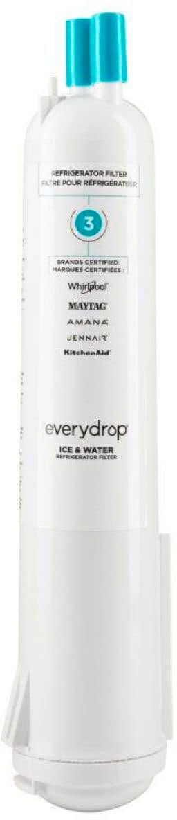 The text on the image reads: "Refrigerator Filter Pour Refrigerateur 3 BSRANDS CERTIFIED MARQUES CERTIFIEES Whirlpool Maytag Amana JennAir KitchenAid everydrop ICE & WATER DISPENSER."
