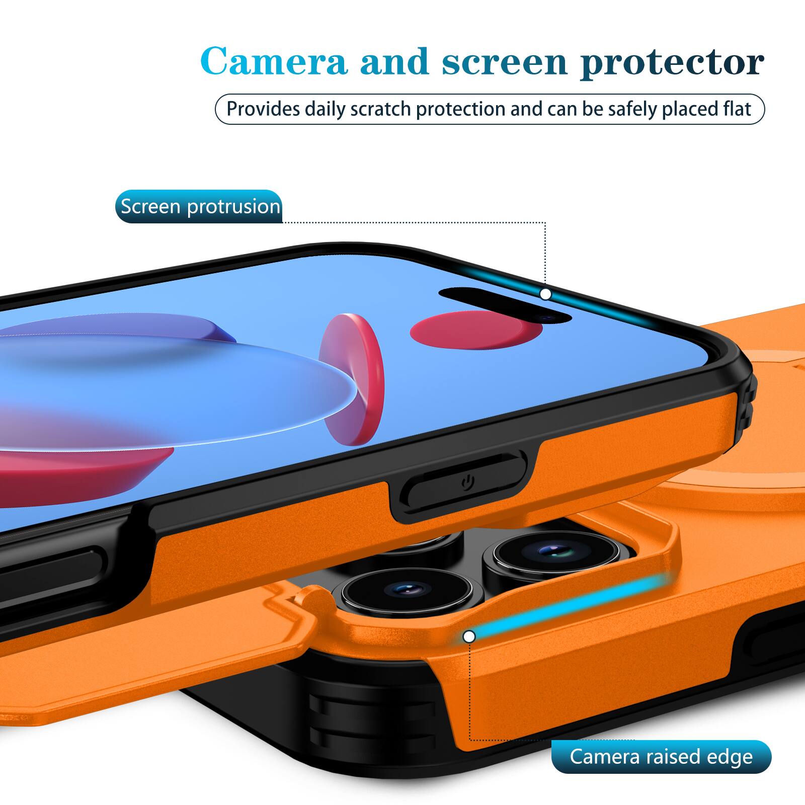 Camera and screen protector  
Provides daily scratch protection and can be safely placed flat  

Screen protrusion  
Camera raised edge