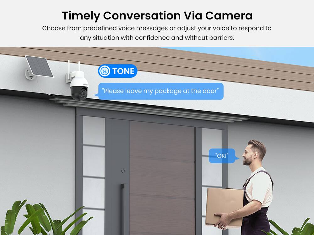 Timely Conversation Via Camera  
Choose from predefined voice messages or adjust your voice to respond to any situation with confidence and without barriers.  

TONE  
"Please leave my package at the door"  
"OK!"