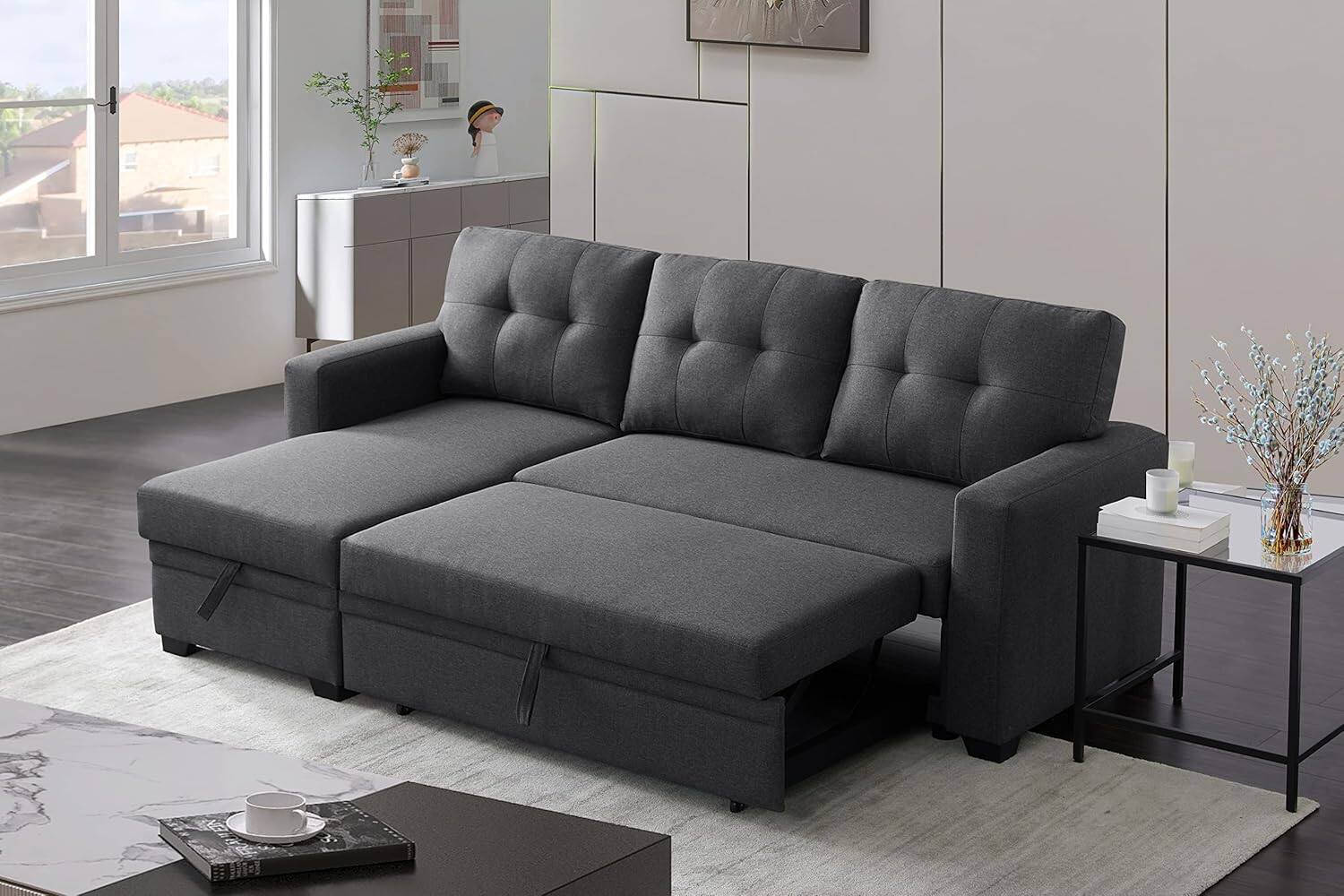 Left. Tiramisubest - Reversible Sectional Sofa,Sleeper Sofa with Storage Chaise,Pull Out Couch Bed|Removable Backrest|Linen Fabric,Dark Grey - Dark Gray.
