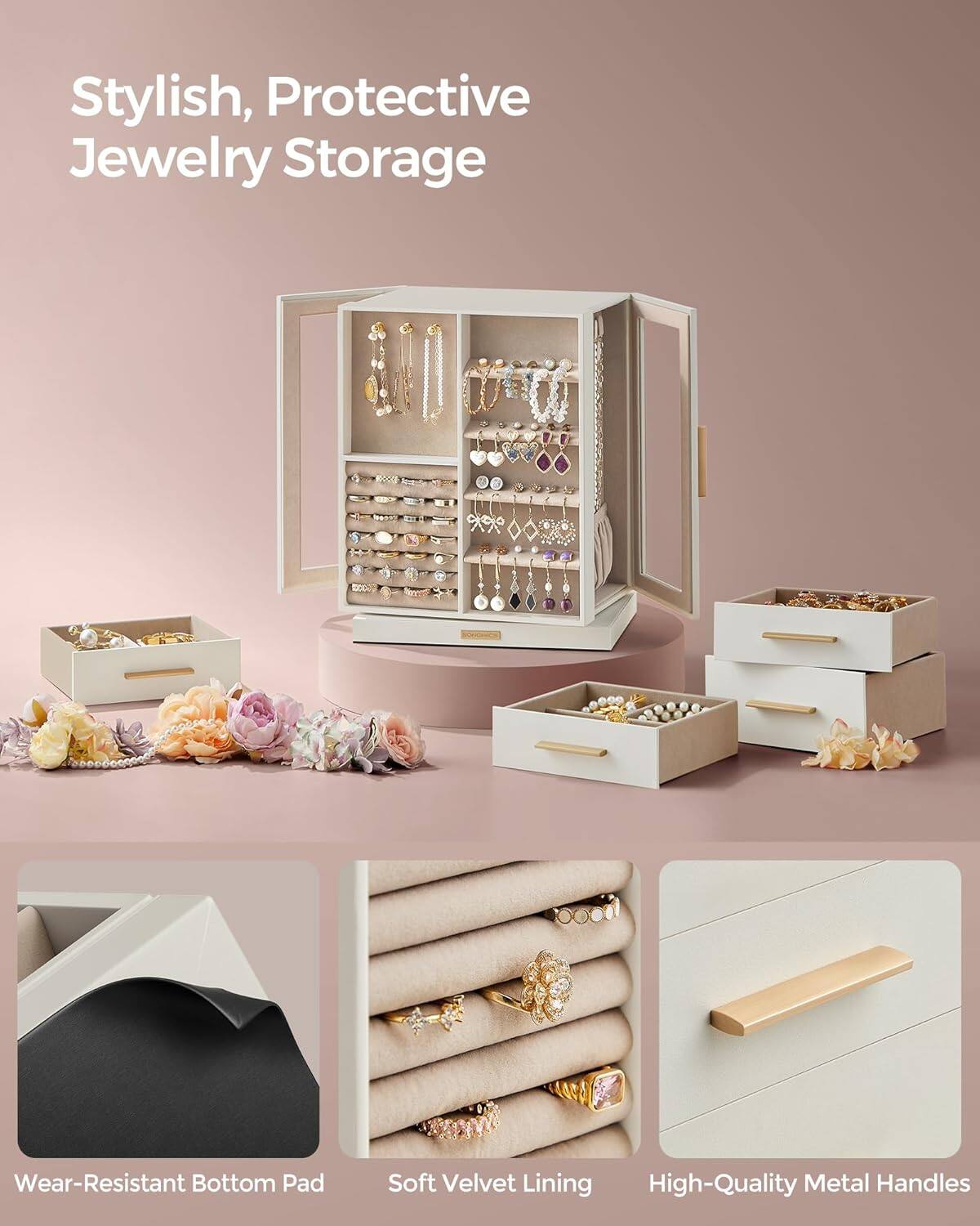 Stylish, Protective Jewelry Storage

- Wear-Resistant Bottom Pad
- Soft Velvet Lining
- High-Quality Metal Handles