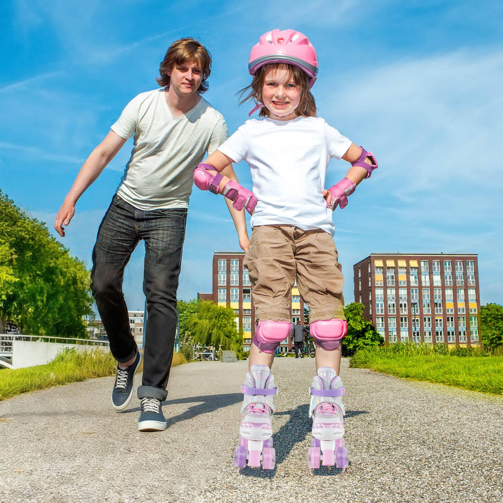 Alt View 4. Costway - Costway 4 Sizes Adjustable Quad Skates with Light-up Wheels Safety Protection for Ages 8-13 - Pink.