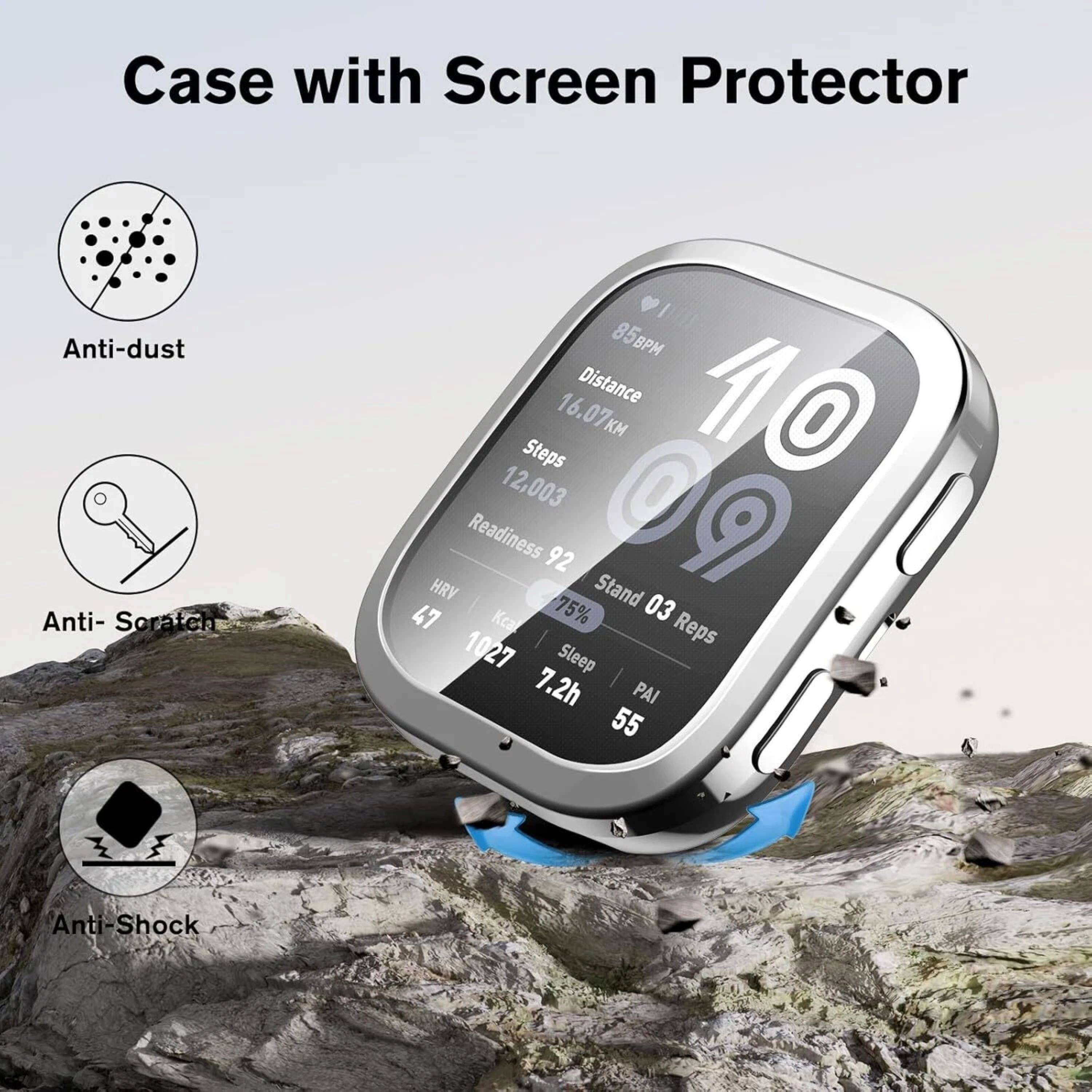 Case with Screen Protector  
Anti-dust  
Anti-Scratch  
85 BPM  
Distance 10 16.07 KM  
Steps 12,003  
Readiness 92  
HRV Stand 47  
Kcal 75%  
03  
1027  
Reps  
Sleep 7.2h  
PAI 55  
Anti-Shock