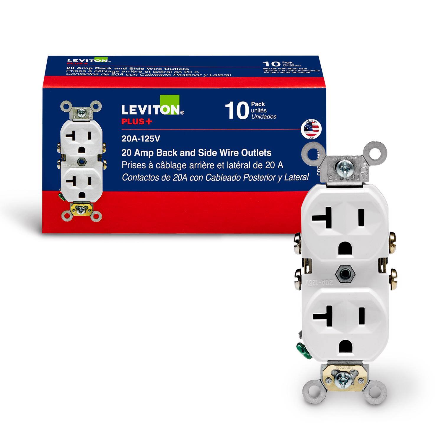 LEVITON PLUS+  
20 Amp Back and Side Wire Outlets  
Prises à câblage arrière et latéral de 20 A  
Contactos de 20A con Cableado Posterior y Lateral  

Pack 10 unidades  
Unidades  
20A-125V USA  

10  
Pack  
unidades  
Unidades