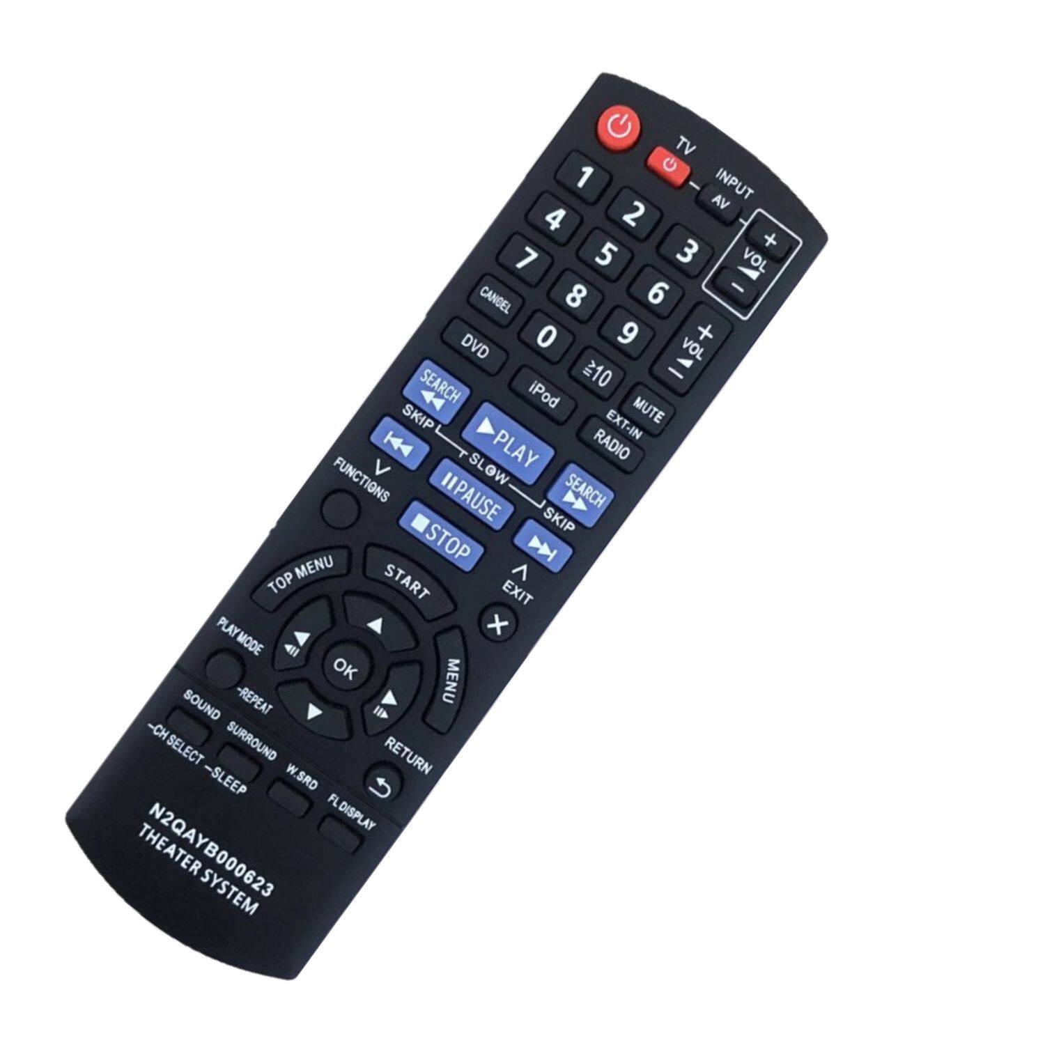 TV G 1 INPUT VA 4 2 3 + 7 5 VOL 6 - CANCEL 8 0 9 + DVD VOL 10 - SEARCH iPod SKIP EXT-IN MUTE K4 PLAY RADIO FUNCTIONS SLOW PAUSE SEARCH SKIP STOP D MENU ^ TOP START EXIT PLAY x MODE 4 OK MENU SOUND -REPEAT I -CH SELECT SURROUND RETURN -SLEEP W.SRD FLDISPLAY THEATER N2QAYB000623 SYSTEM