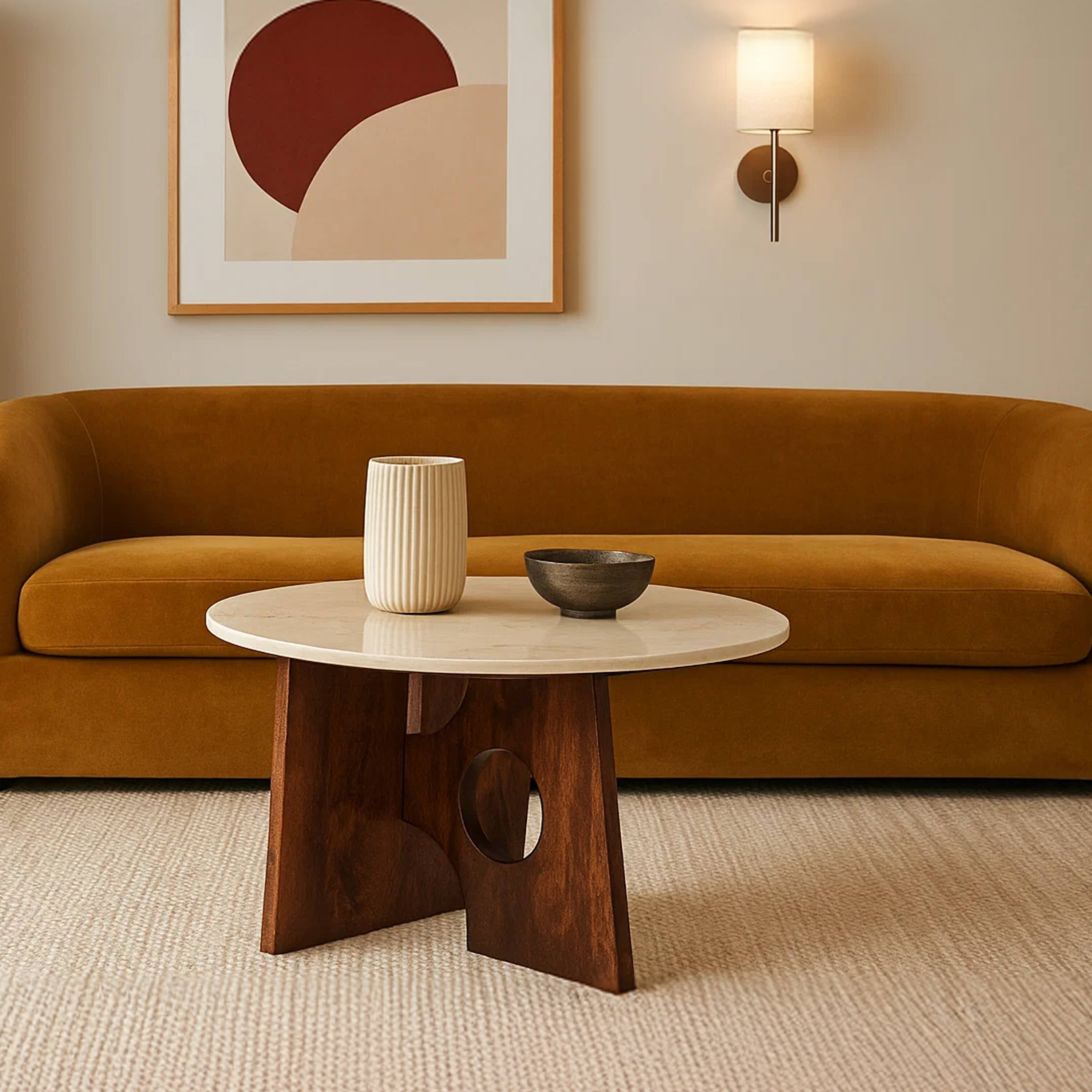 Alt View 10. Manhattan Lane - Kali Coffee Table, 27" Natural Round Marble Tabletop, Mango Wood Sculptural Base - Brown, White.