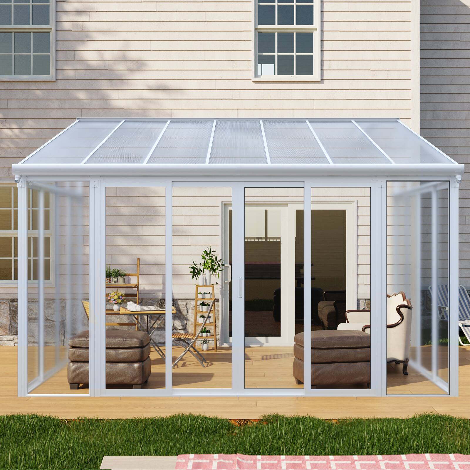Left. Mondawe - 10×14 ft Season Sunroom with 3 Lockable Sliding Doors - White.