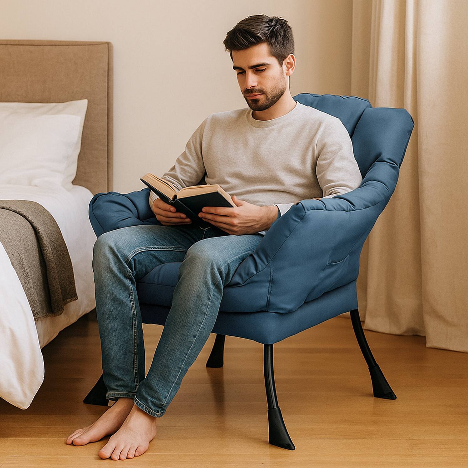 Angle. Hivvago - Soft Fabric Lounge Chair with Sturdy Metal Frame and Pocket - Navy.