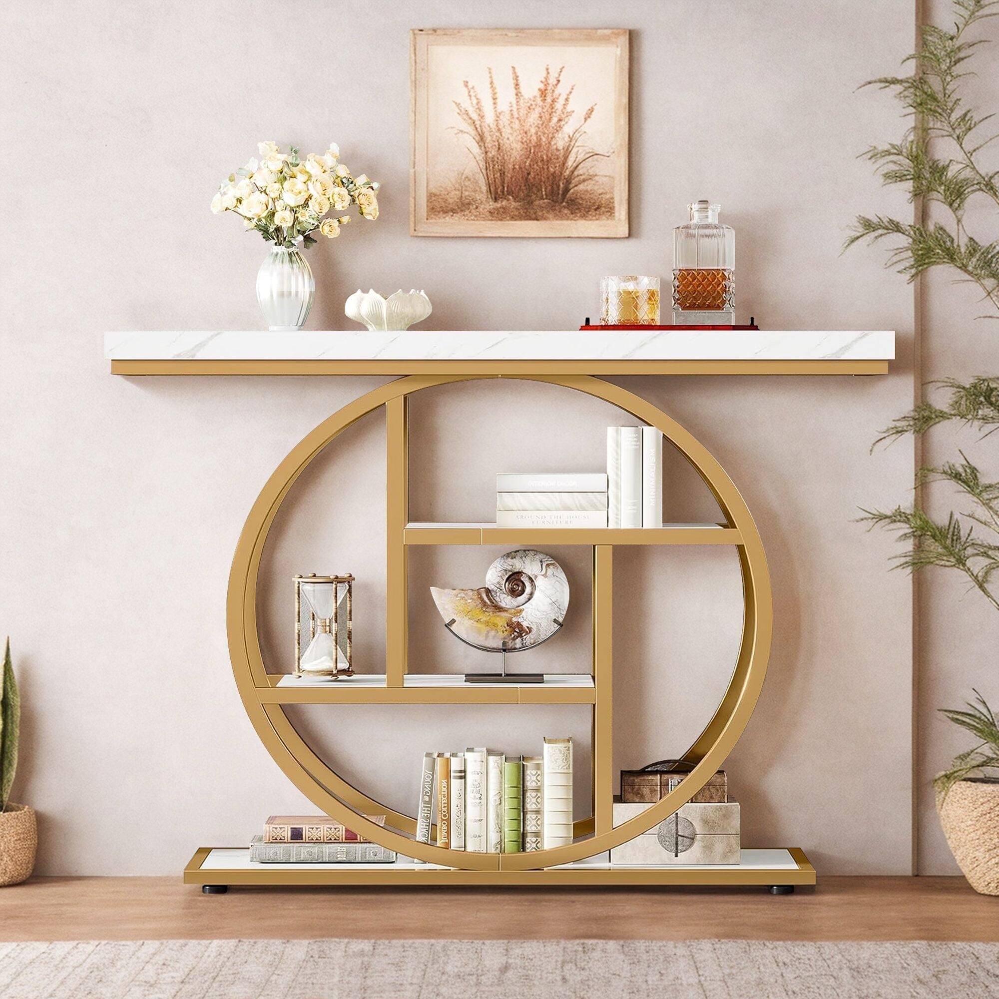 Front. Kadyn - Console Table, Industrial Four-Tier Sofa Entryway Table with Circle Base, White - White.