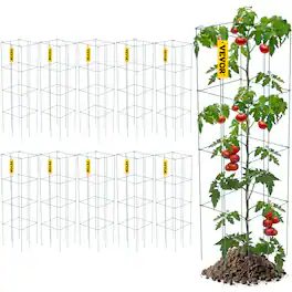VEVOR - Tomato Cages, 11.8" x 11.8" x 46.1", 10 Packs Square Plant Support Cages, Silver PVC-coated Steel Tomato Towers - Green