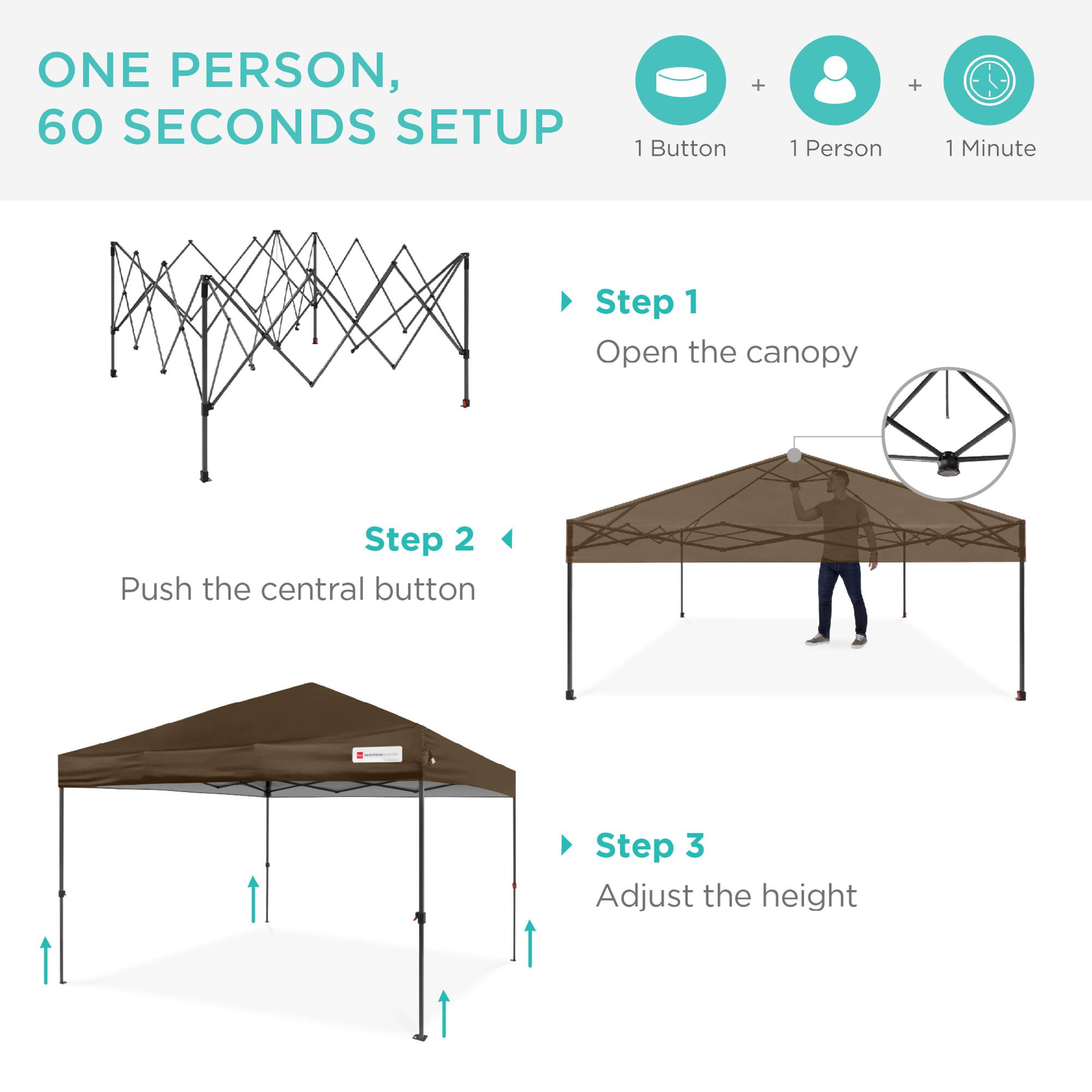 ONE PERSON, 60 SECONDS SETUP

1 Button + 1 Person + 1 Minute

Step 1
Open the canopy

Step 2
Push the central button

Step 3
Adjust the height
