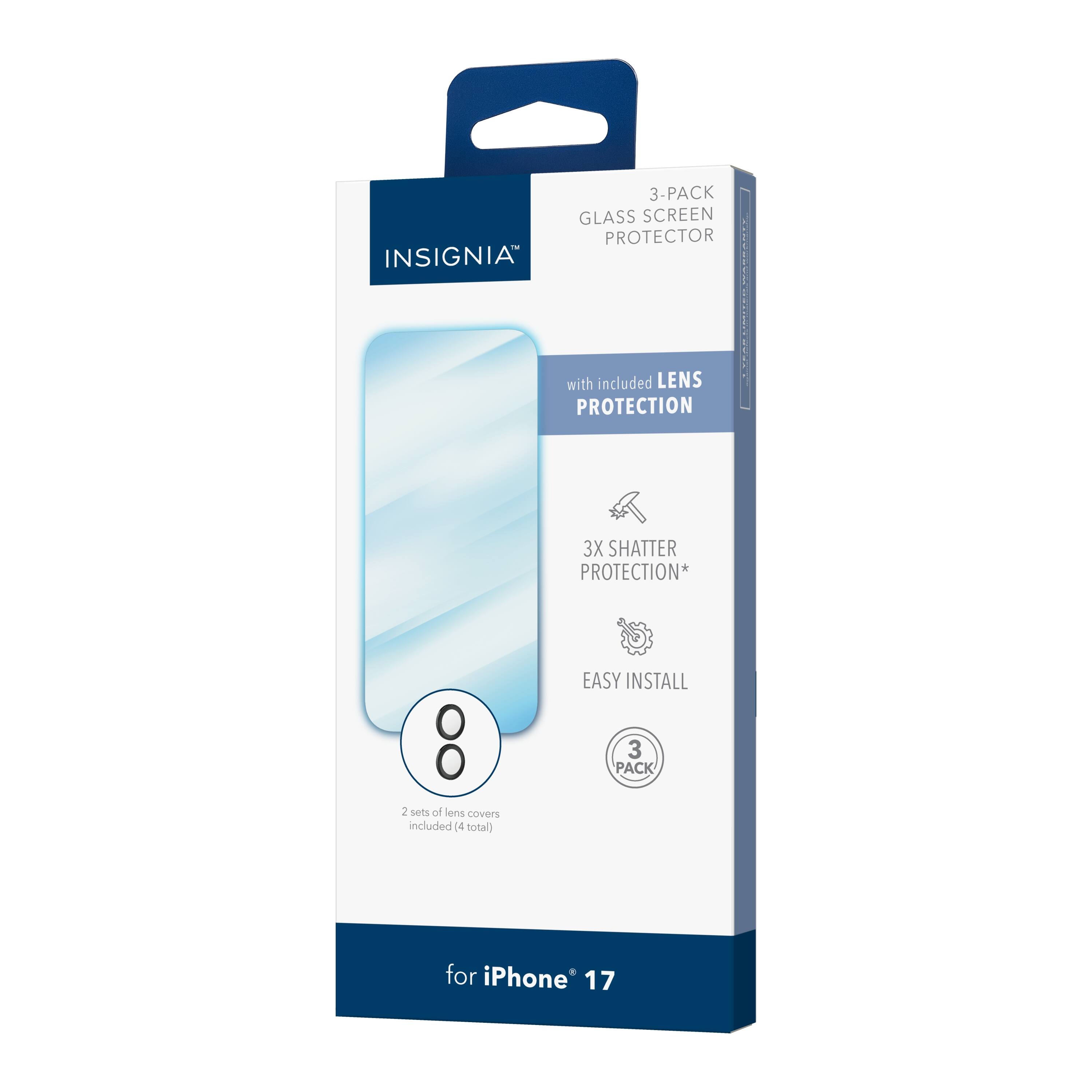 3-Pack Glass Screen Protector  
Insignia with Included Lens Protection  
3X Shatter Protection*  
Easy Install  
2 Sets of Lens Covers Included (4 Total)  
3 Pack  
for iPhone 17