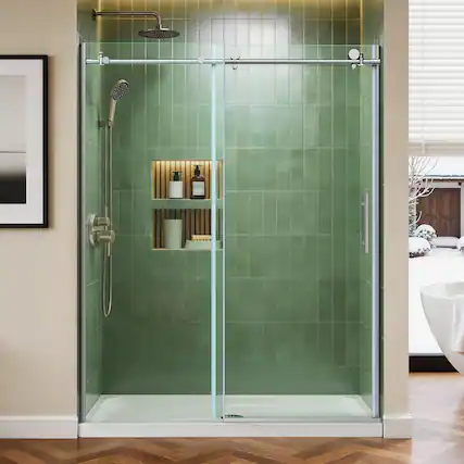 Front. Koligey - 56-60"W x 76"H Semi-Frameless Sliding Shower Door-10mmTempered Glass|Stainless SteelAnti-Rust Hardware - sliver.