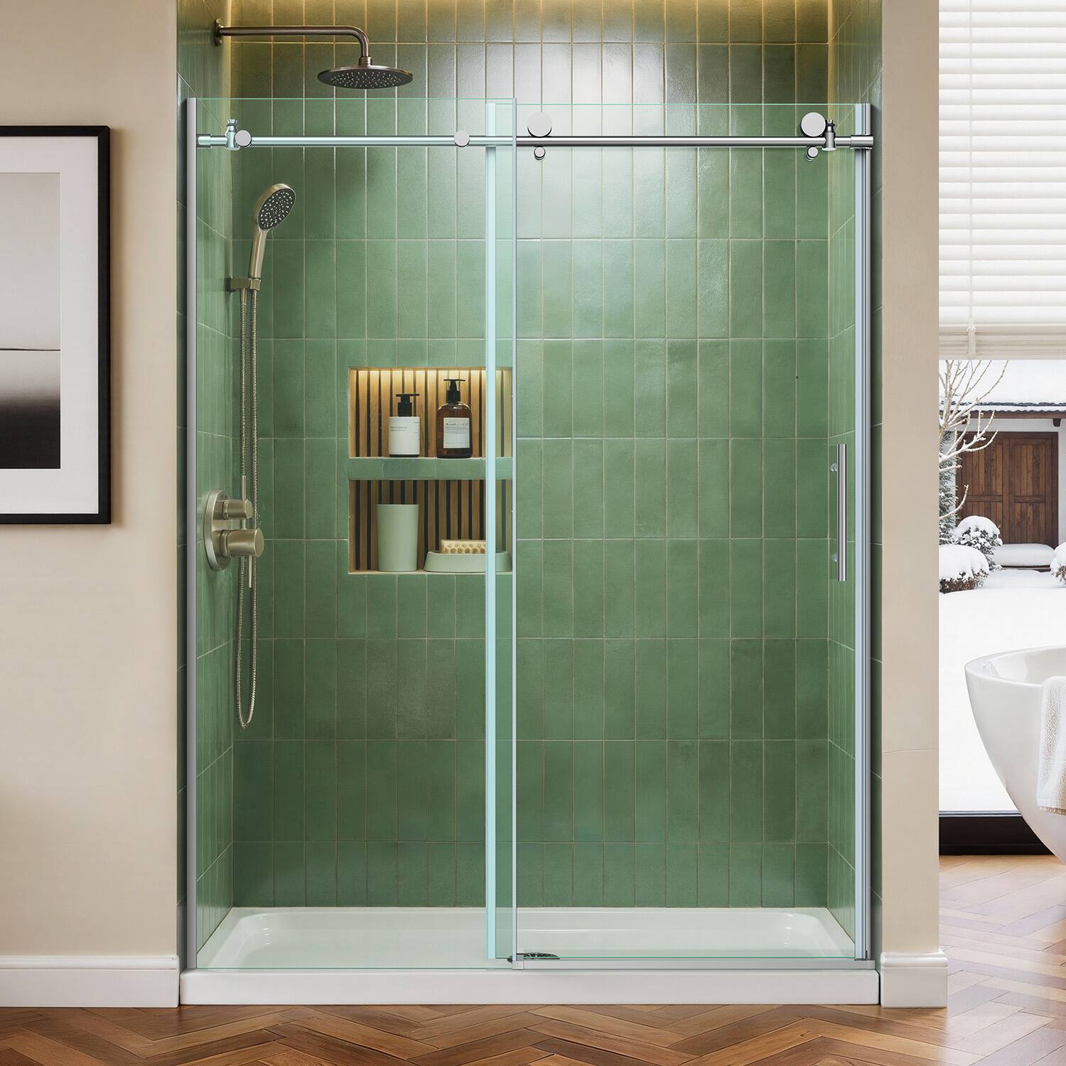 Front. Koligey - 56-60"W x 76"H Semi-Frameless Sliding Shower Door-10mmTempered Glass|Stainless SteelAnti-Rust Hardware - sliver.