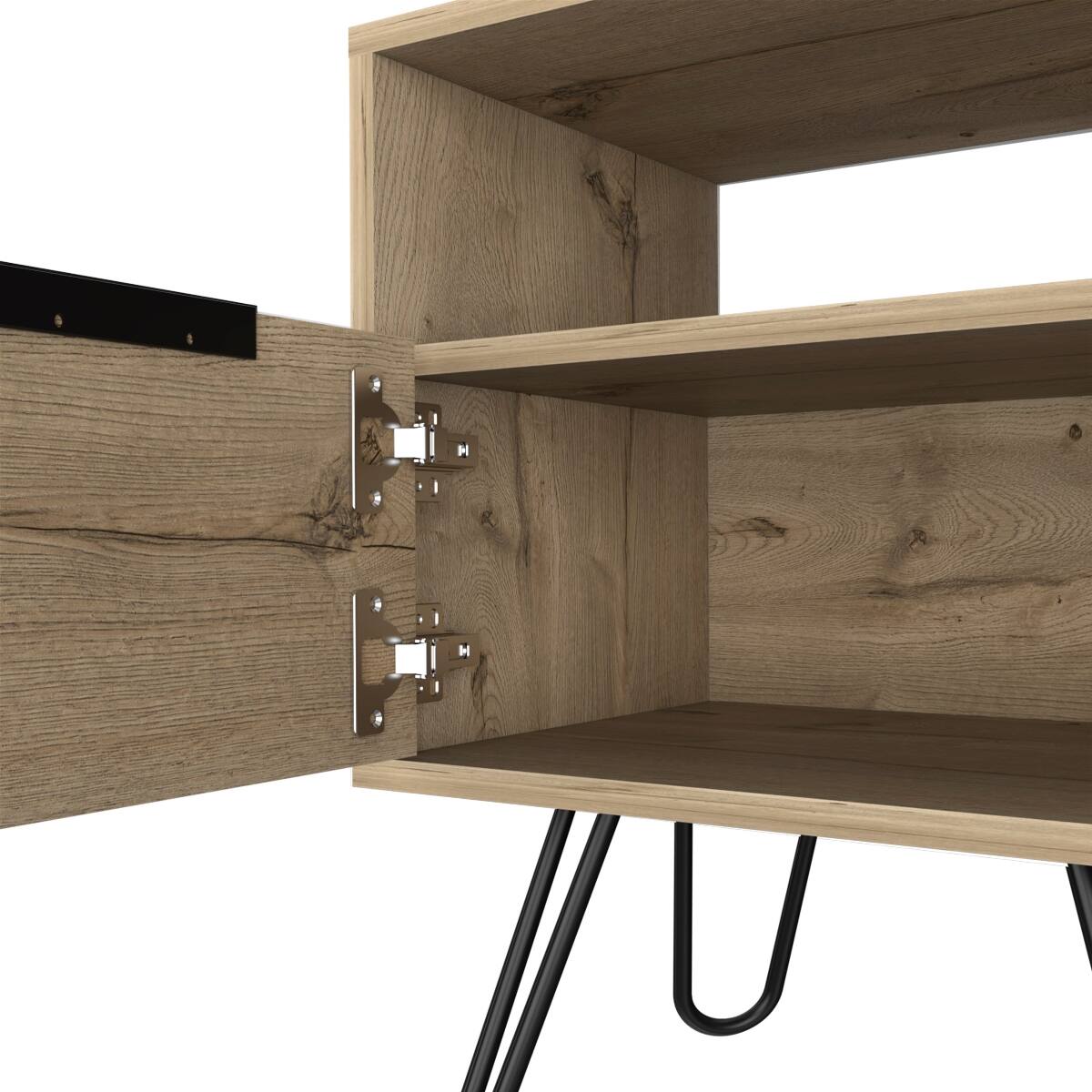 Alt View 3. Loheer - Loheer Light Oak Nightstand with Open Shelf, Single-Door Cabinet and Hairpin Legs - Beige.