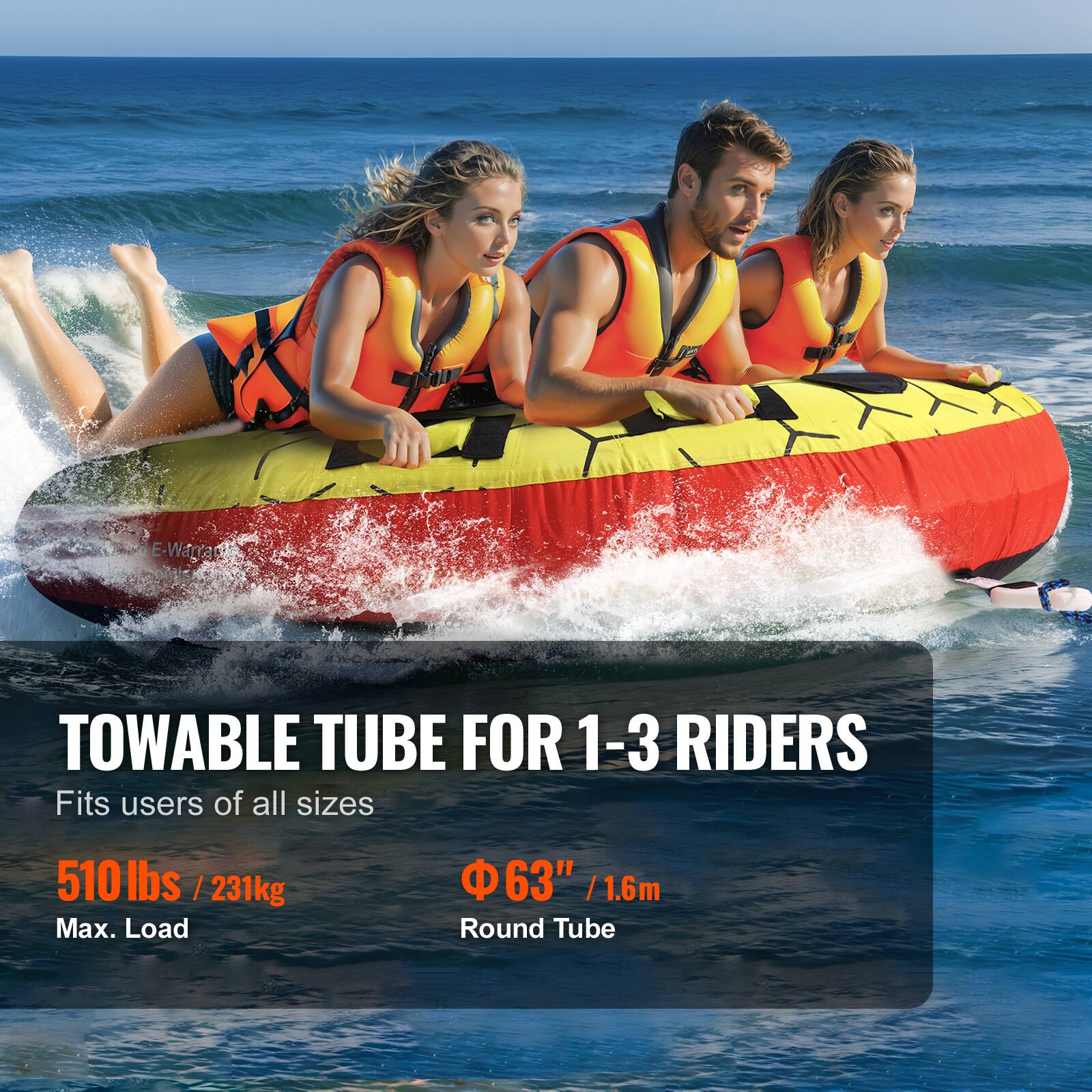 E-Warran TOWABLE TUBE FOR 1-3 RIDERS Fits users of all sizes 510 lbs / 231kg Max. Load 63" /1.6m Round Tube