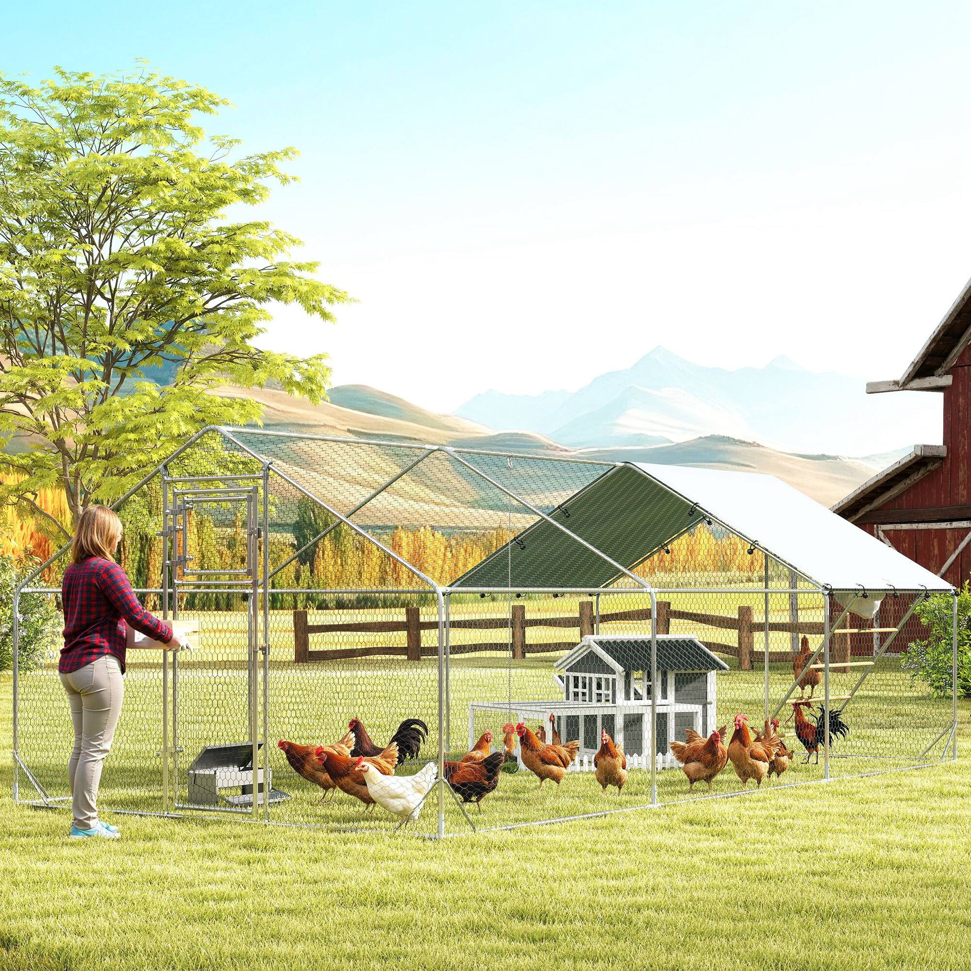 Alt View 4. Pawhut - 68" x 59" x 42" Gray Wooden Chicken Coop with Run, Nesting Box, Removable Tray & Fence for 1-2 Chickens.