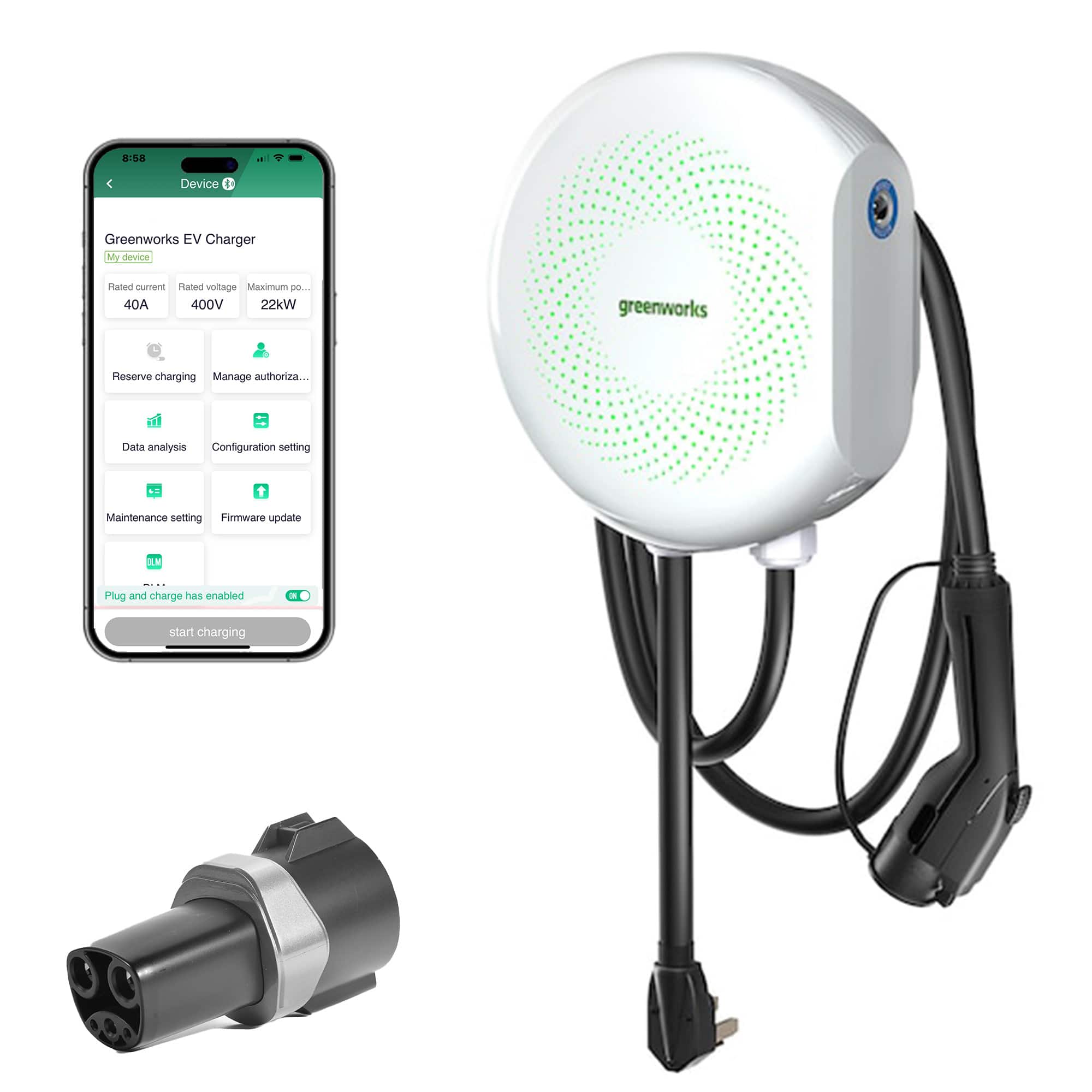 The image features a Greenworks EV Charger, which is a device used to charge electric vehicles. The charger is connected to a smartphone, which is displaying information about the charger. The charger is designed to charge electric vehicles with a maximum rated voltage of 400V and a maximum current of 40A. The device is equipped with features such as reserve charging, manage authorization, and configuration settings. Additionally, the charger can be updated with the latest firmware to ensure optimal performance. The image also shows a plug and charge feature that enables users to start charging their electric vehicles.
