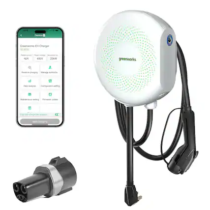 The image features a Greenworks EV Charger, which is a device used to charge electric vehicles. The charger is connected to a smartphone, which is displaying information about the charger. The charger is designed to charge electric vehicles with a maximum rated voltage of 400V and a maximum current of 40A. The device is equipped with features such as reserve charging, manage authorization, and configuration settings. Additionally, the charger can be updated with the latest firmware to ensure optimal performance. The image also shows a plug and charge feature that enables users to start charging their electric vehicles.