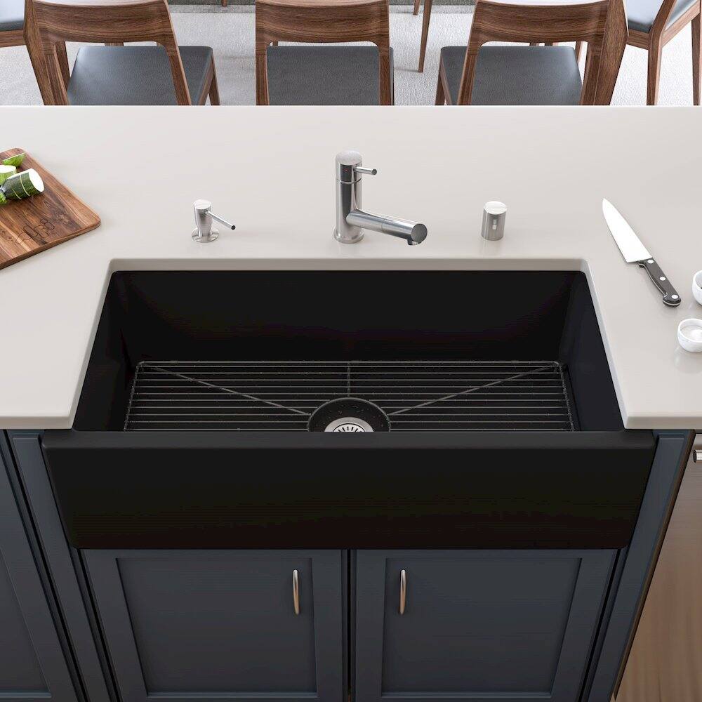 Back. Alfi - 36" Black Matte Reversible Smooth / Fluted Single Bowl Fireclay Farm Sink - Black.