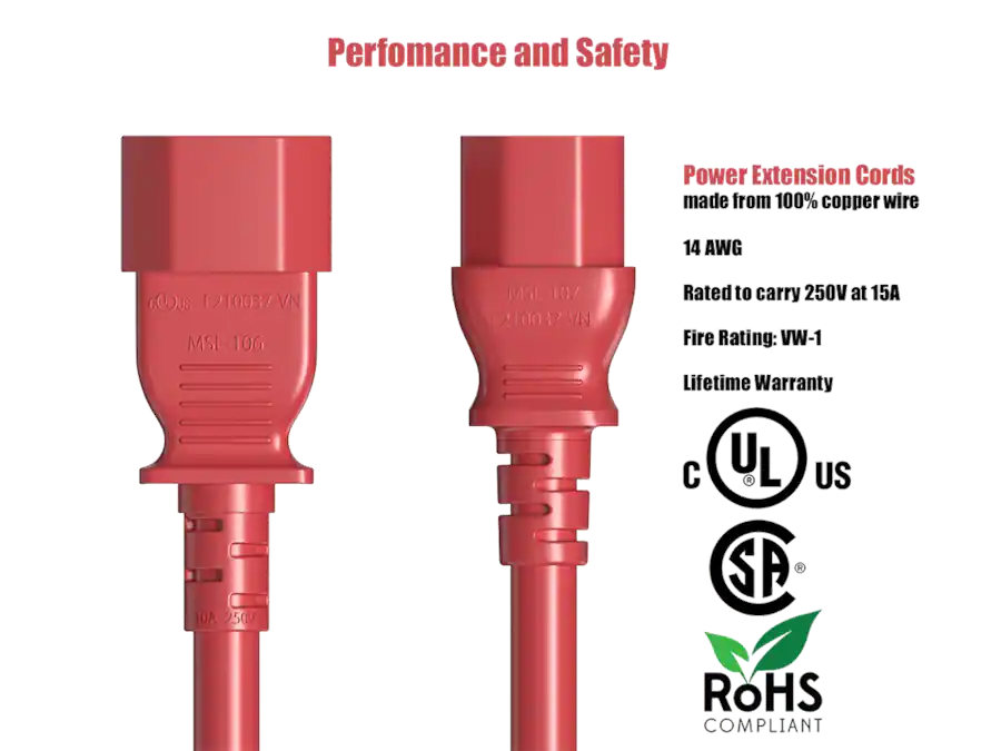 Cabling A High Power Rack Cable Leader Power Extension Cord, IEC C13 to C14 Heavy Duty, 14 AWG ...