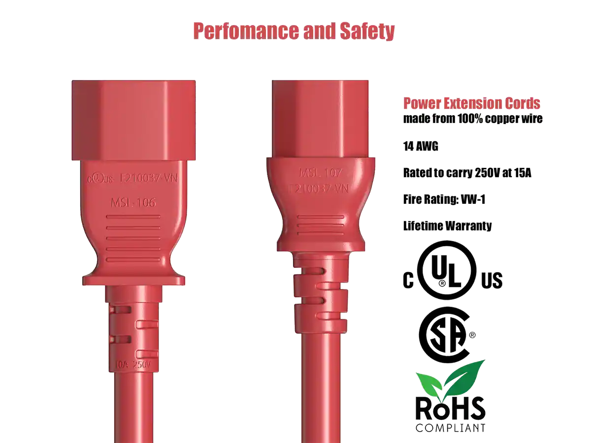 Cable Leader Power Extension Cord, IEC C13 to C14 Heavy Duty, 14 AWG ...