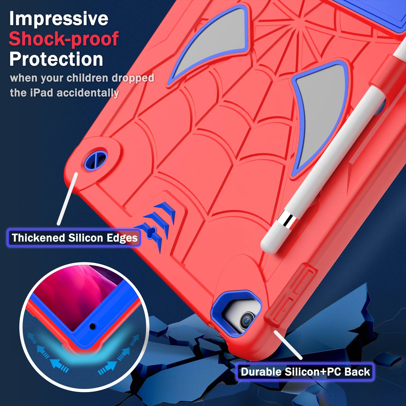 Impressive Shock-proof Protection when your children dropped the iPad accidentally

Thickened Silicon Edges

Durable Silicon+PC Back