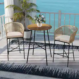 Costway - 3 PCS Rope Woven Patio Bar Set with Soft Cushions and Acacia Wood Tabletop - Beige