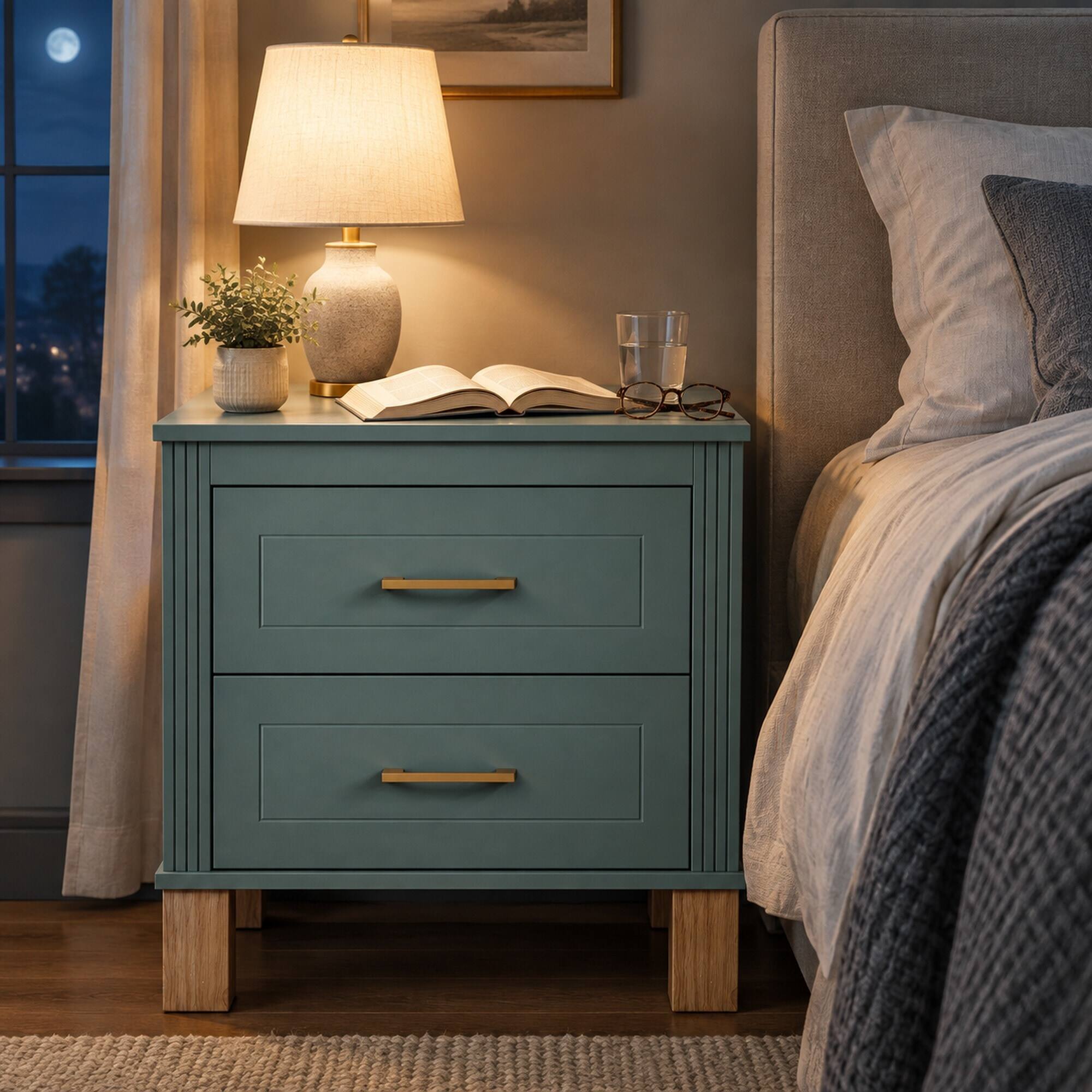 Back. RYHNUYNE - 2 Drawer Nightstand, MDF Wood Storage Cabinet, Fluted Side Panels, Solid Wood Legs, Metal Handles, Blue - Blue.