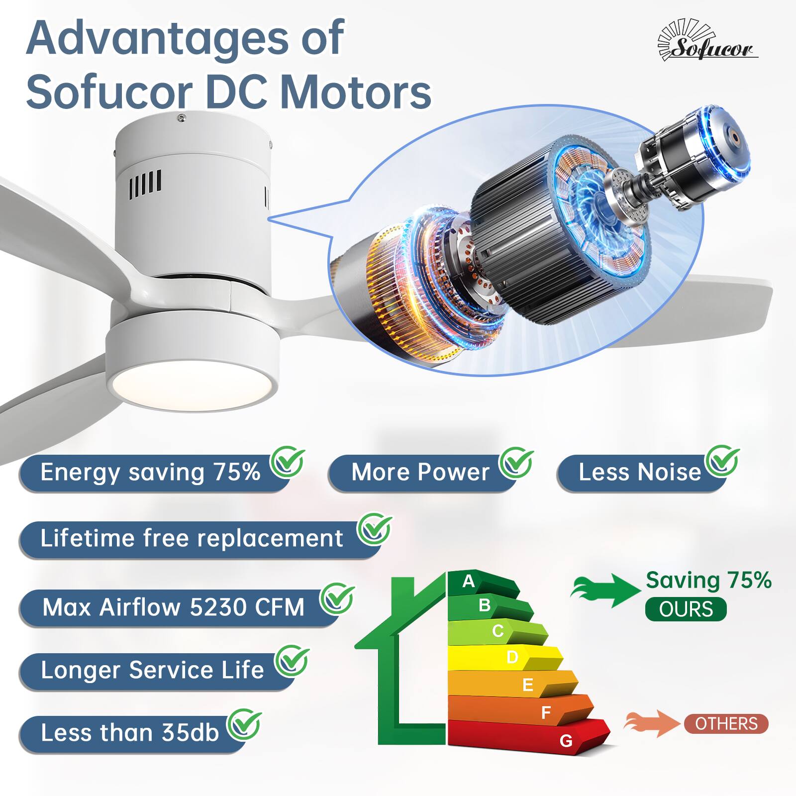 Advantages of Sofucor DC Motors

- Energy saving 75%
- More Power
- Less Noise
- Lifetime free replacement
- Max Airflow 5230 CFM
- Longer Service Life
- Less than 35db

Saving 75% OURS

OTHERS