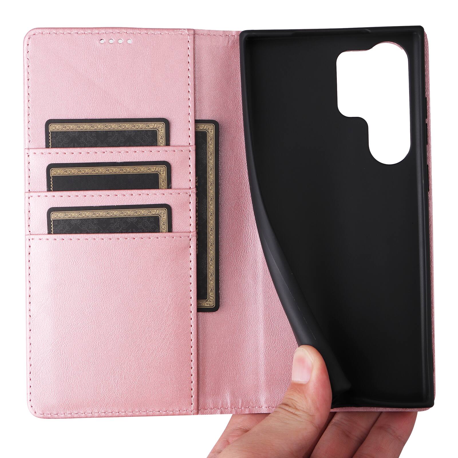 Angle. Dteck - Case for Samsung Galaxy S25 Ultra,Wallet Case with Card Holder for Women Men,Shockproof PU Leather Flip Kickstand Cover - Rosegold.
