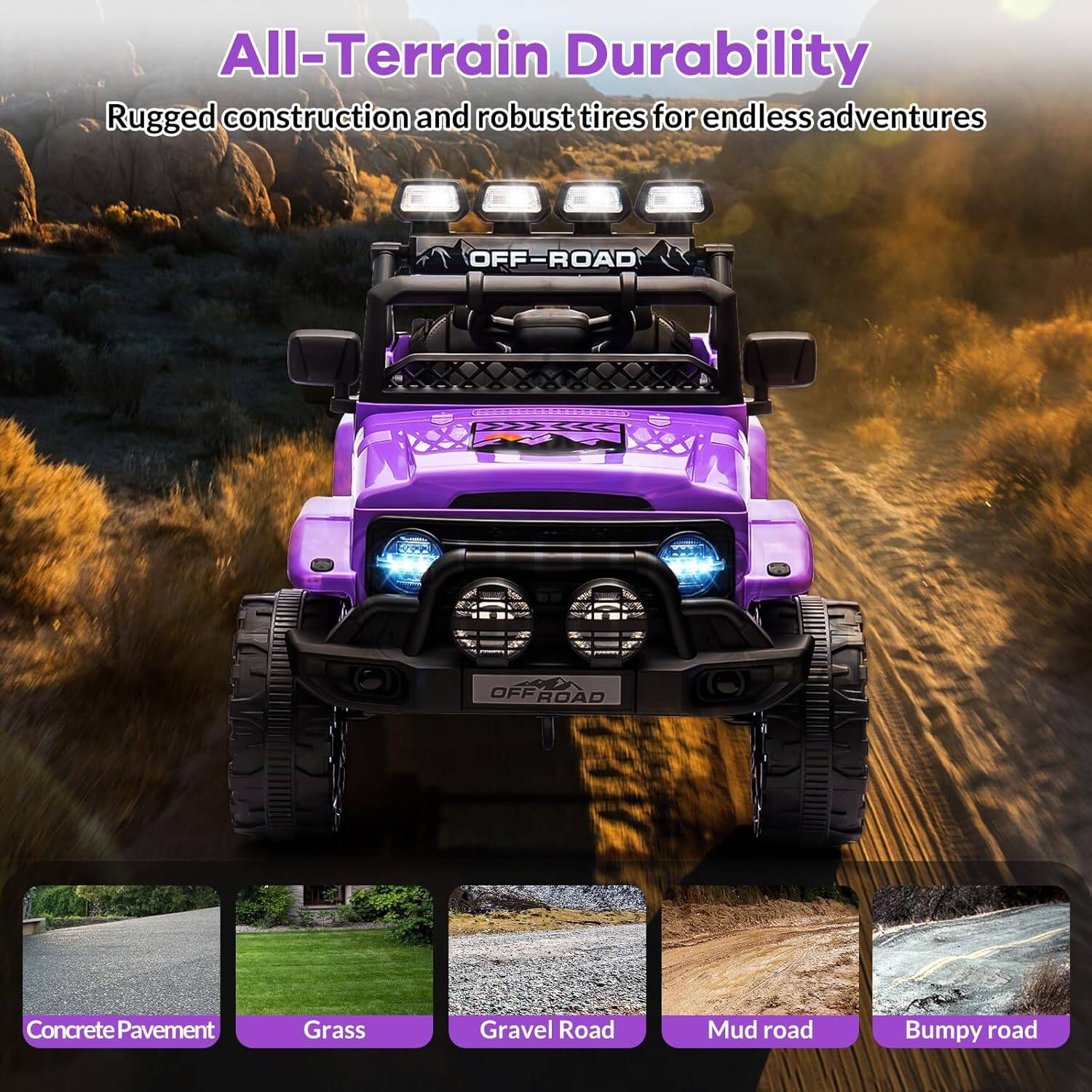 All-Terrain Durability
Rugged construction and robust tires for endless adventures
Concrete Pavement
Grass
Gravel Road
Mud road
Bumpy road